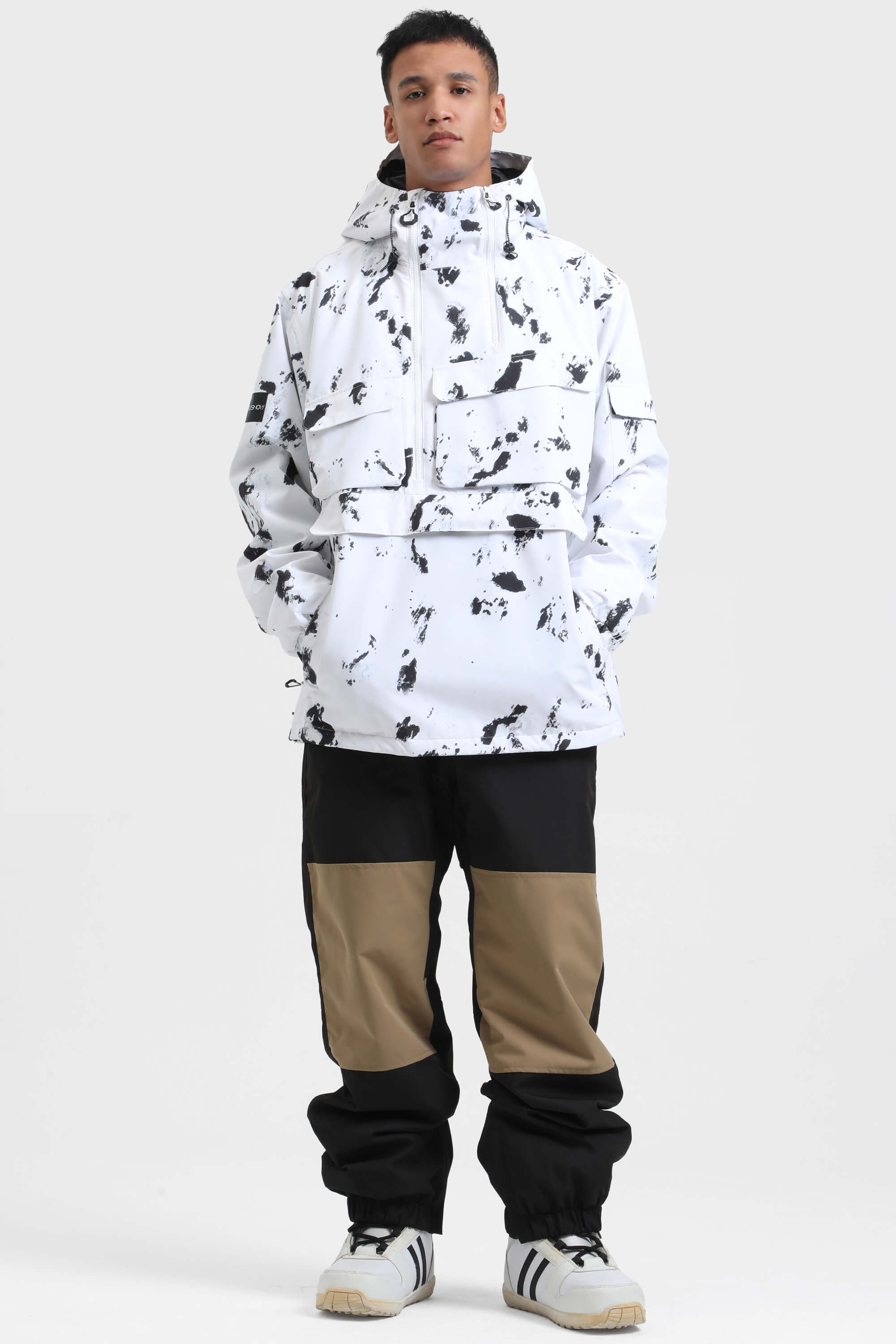 Men's Black Asymmetric Kangaroo Pocket Ski Anorak Waterproof Insulated Snow Anoraks