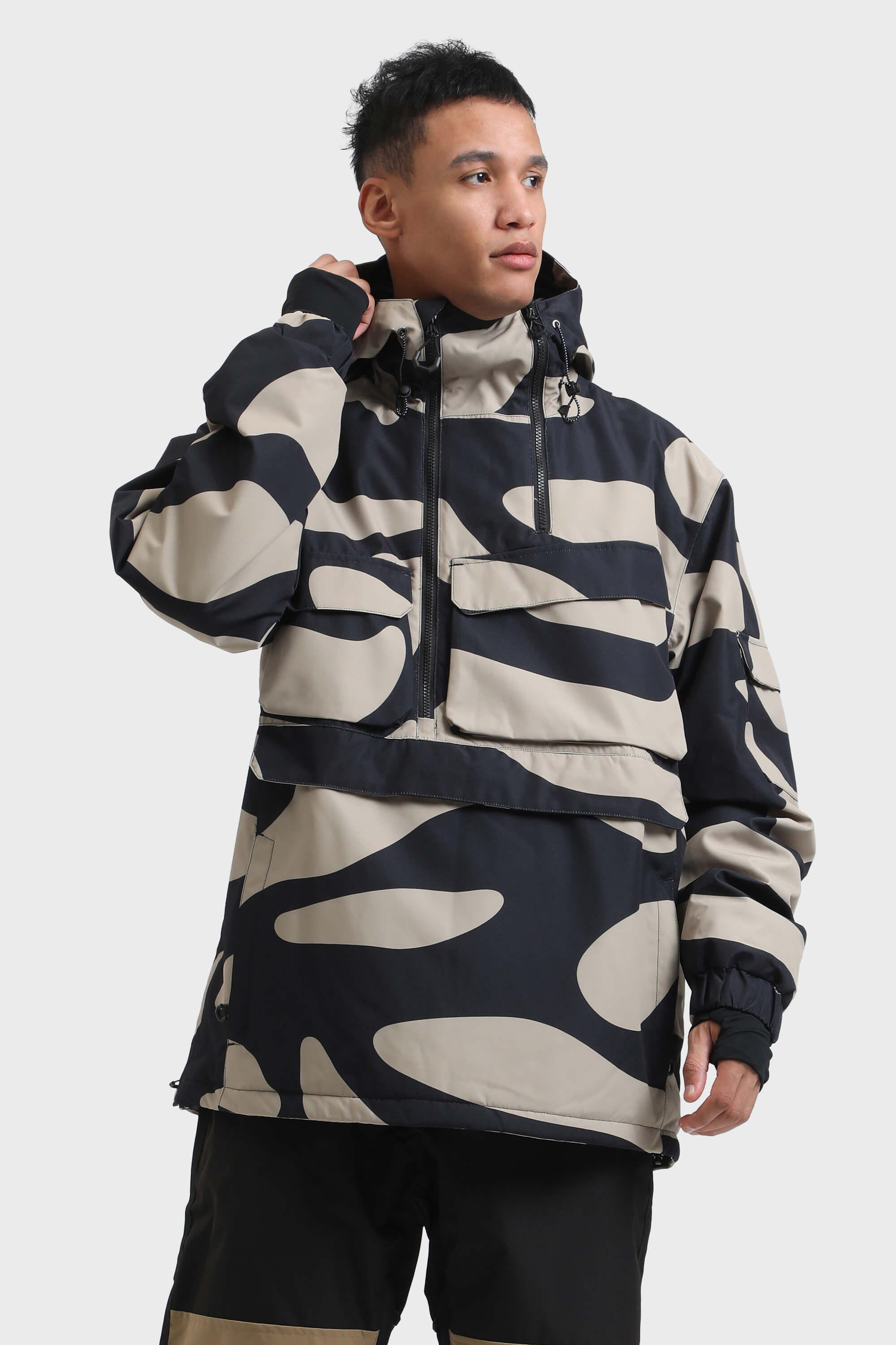 Men's Black Asymmetric Kangaroo Pocket Ski Anorak Waterproof Insulated Snow Anoraks