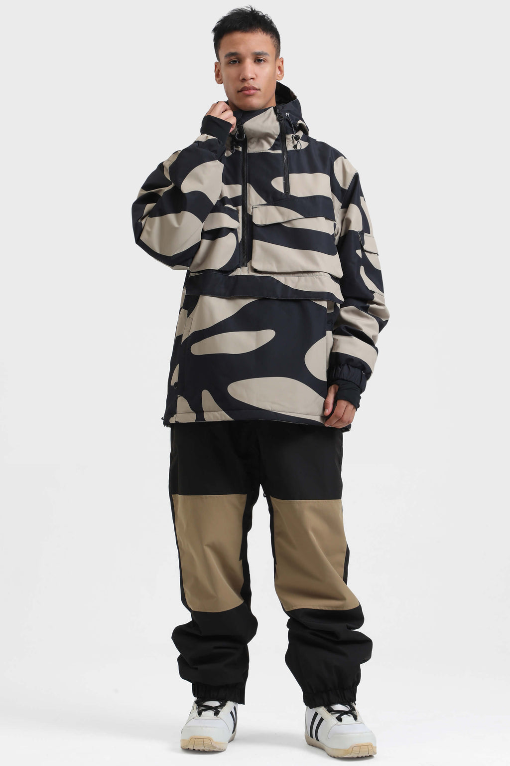 Men's Black Asymmetric Kangaroo Pocket Ski Anorak Waterproof Insulated Snow Anoraks