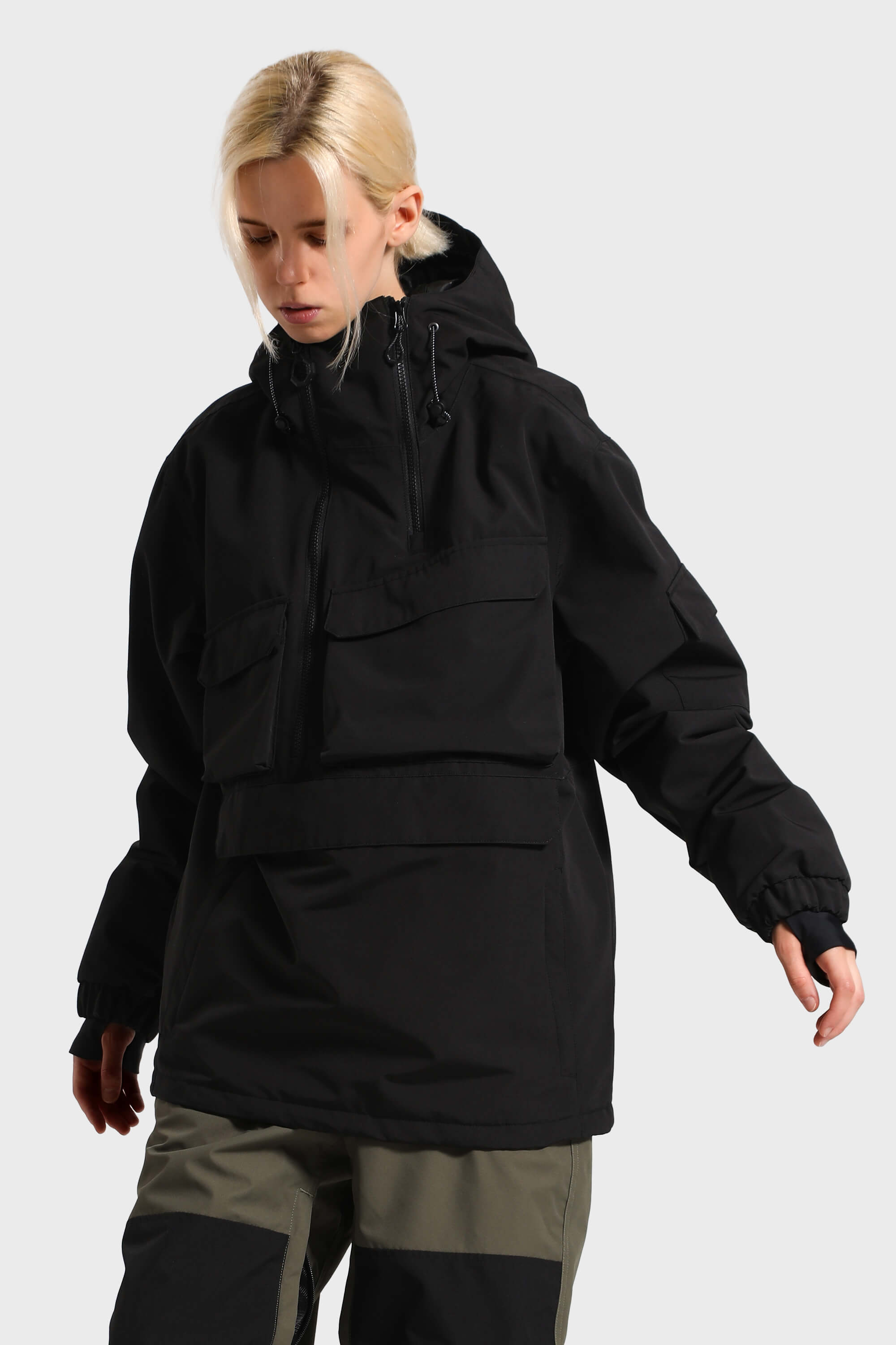 Women's Navy Blue Asymmetric Kangaroo Pocket Ski Anorak Waterproof Insulated Snow Anoraks