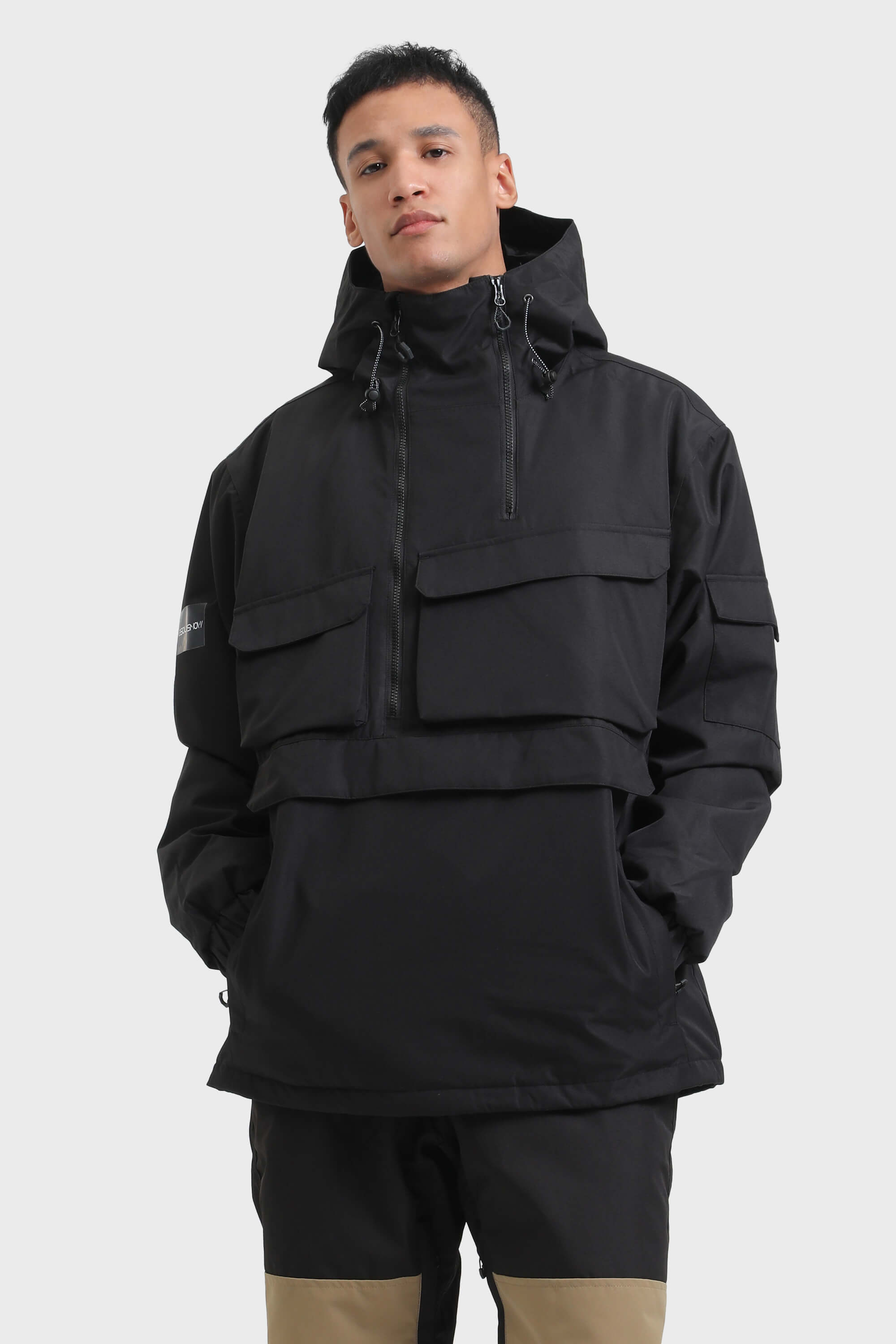 Men's Black Asymmetric Kangaroo Pocket Ski Anorak Waterproof Insulated Snow Anoraks