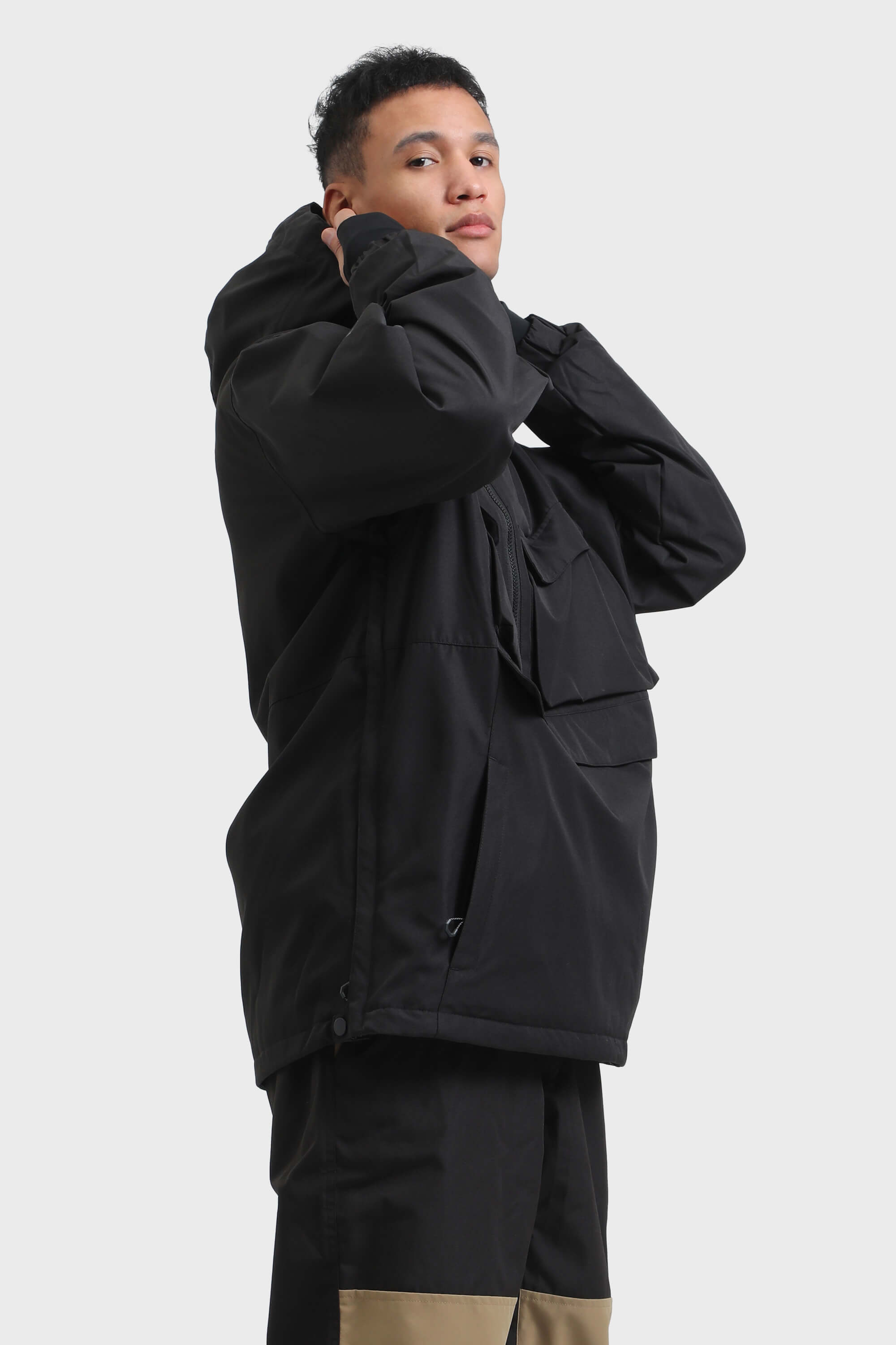 Men's White Asymmetric Kangaroo Pocket Ski Anorak Waterproof Insulated Snow Anoraks