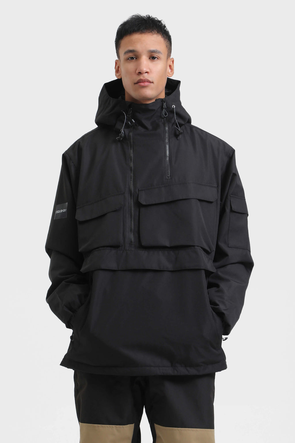 Men's White Asymmetric Kangaroo Pocket Ski Anorak Waterproof Insulated Snow Anoraks