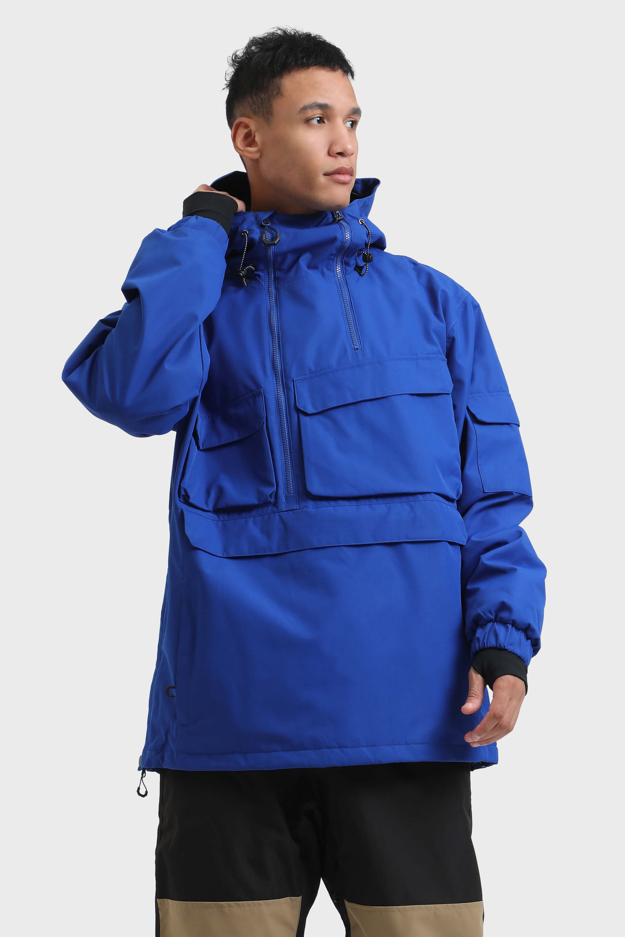 Men's Black Asymmetric Kangaroo Pocket Ski Anorak Waterproof Insulated Snow Anoraks