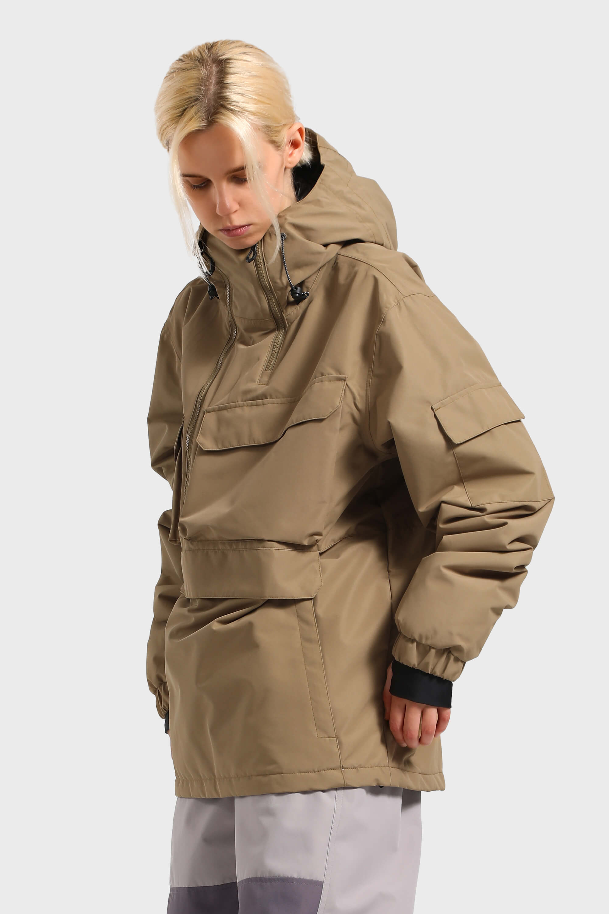 Women's Black Asymmetric Kangaroo Pocket Ski Anorak Waterproof Insulated Snow Anoraks