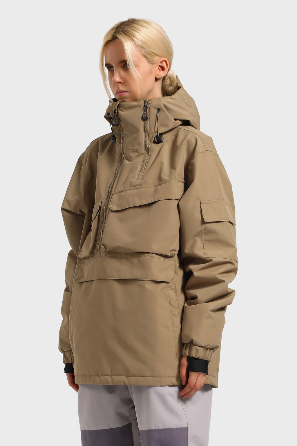 Women's Brown Asymmetric Kangaroo Pocket Ski Anorak Waterproof Insulated Snow Anoraks