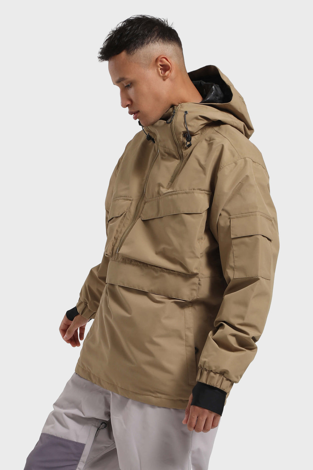 Men's Brown Asymmetric Kangaroo Pocket Ski Anorak Waterproof Insulated Snow Anoraks