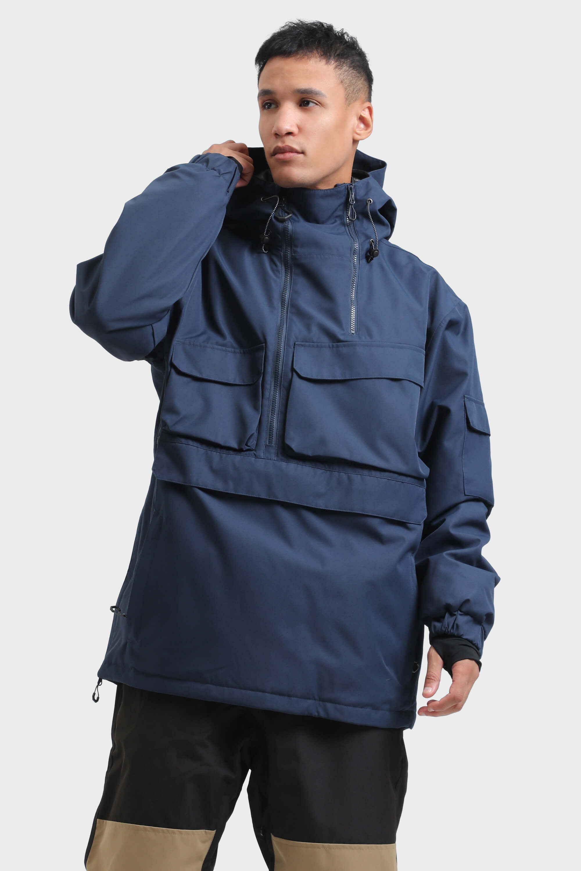 Men's Brown Asymmetric Kangaroo Pocket Ski Anorak Waterproof Insulated Snow Anoraks