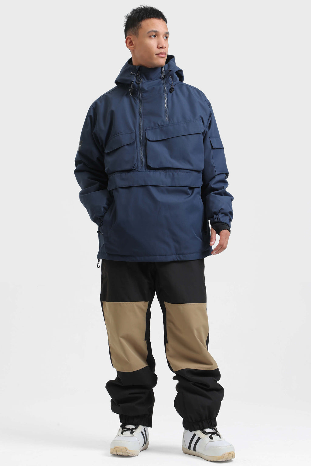 Men's Black Camo Asymmetric Kangaroo Pocket Ski Anorak Waterproof Insulated Snow Anoraks