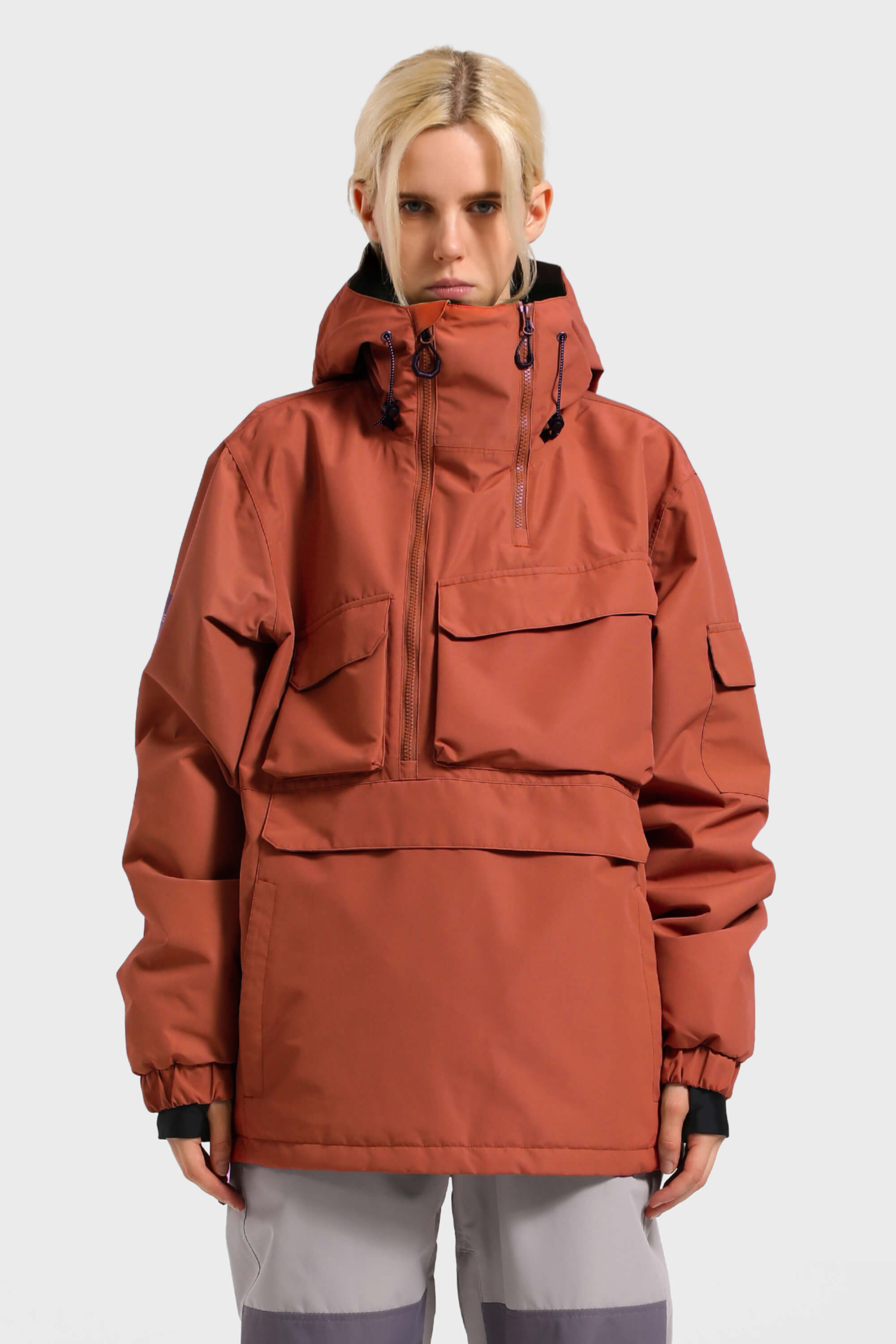 Women's White Asymmetric Kangaroo Pocket Ski Anorak Waterproof Insulated Snow Anoraks