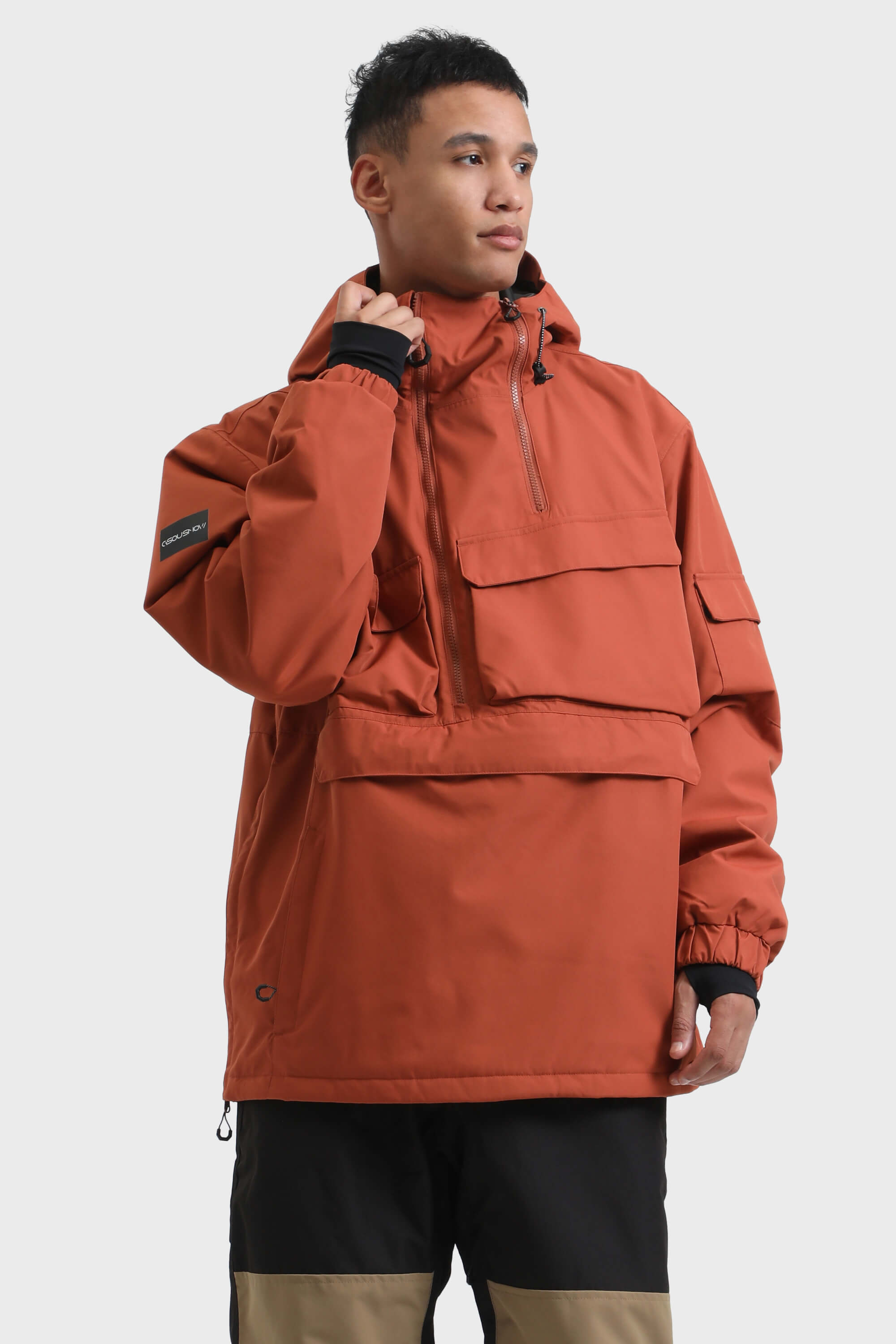 Men's White Asymmetric Kangaroo Pocket Ski Anorak Waterproof Insulated Snow Anoraks