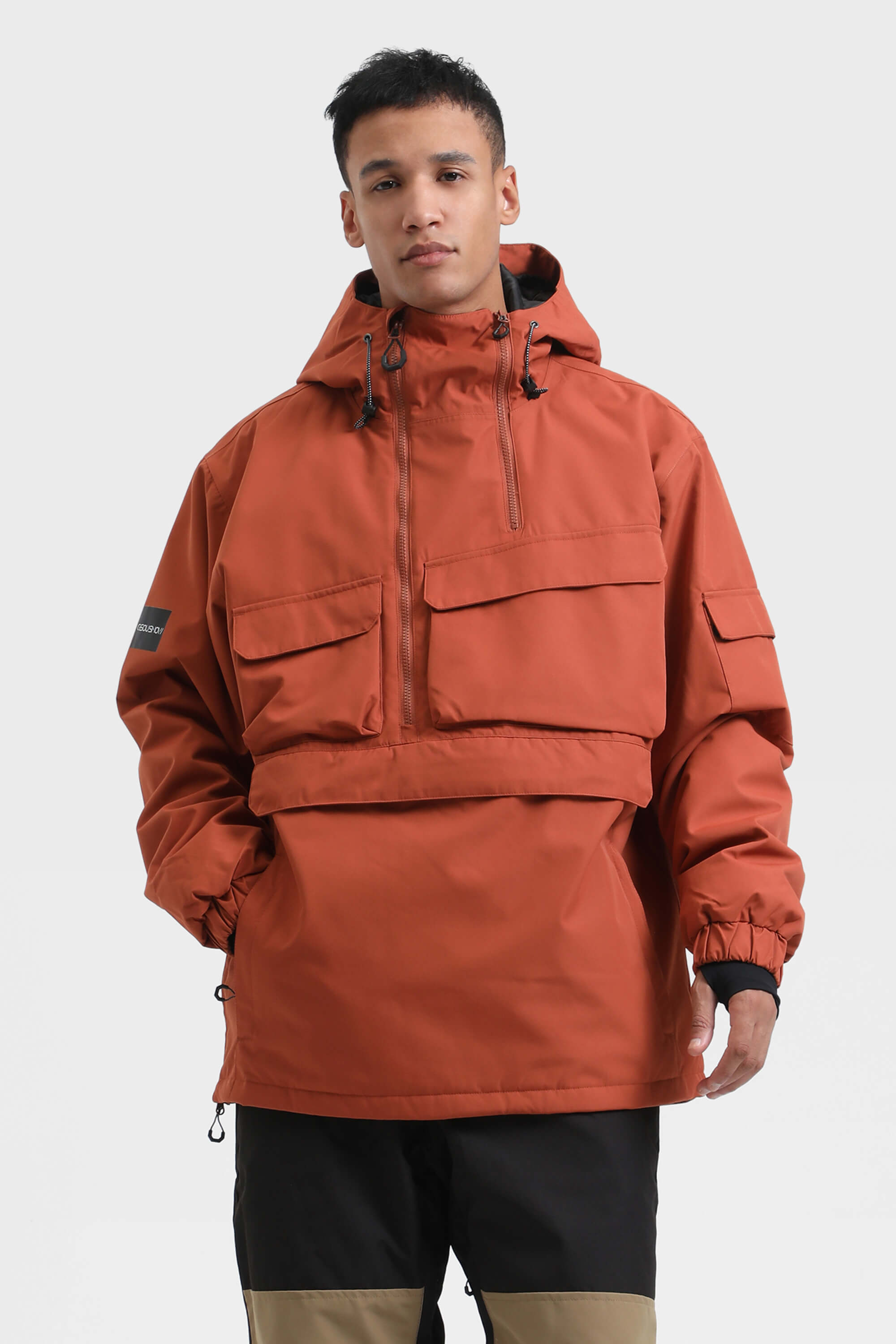 Men's Pink Asymmetric Kangaroo Pocket Ski Anorak Waterproof Insulated Snow Anoraks