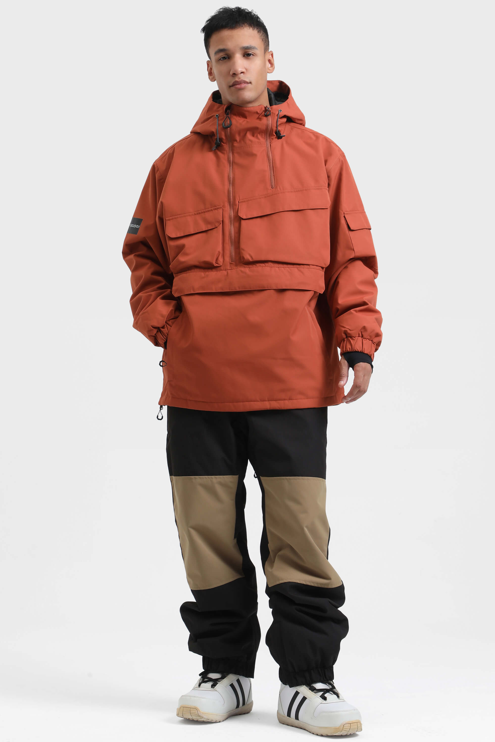 Men's Brown Asymmetric Kangaroo Pocket Ski Anorak Waterproof Insulated Snow Anoraks