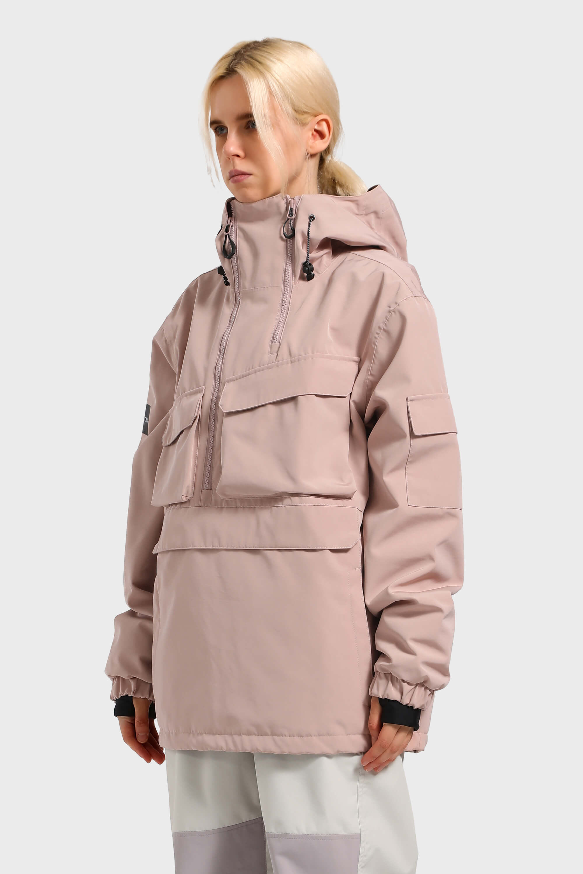 Women's White Asymmetric Kangaroo Pocket Ski Anorak Waterproof Insulated Snow Anoraks