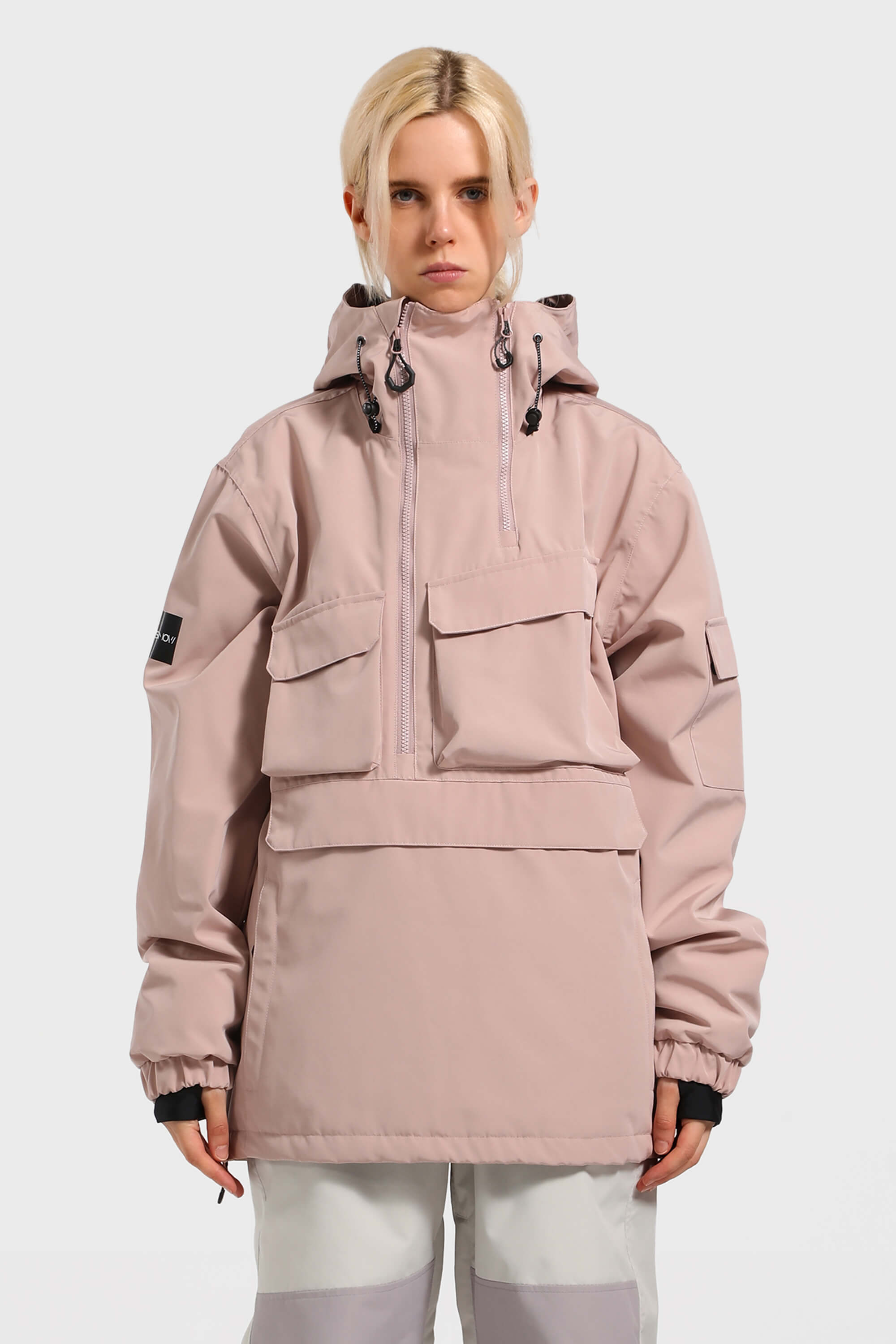 Women's White Asymmetric Kangaroo Pocket Ski Anorak Waterproof Insulated Snow Anoraks