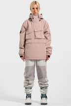 Women's Pink Asymmetric Kangaroo Pocket Ski Anorak Waterproof Insulated Snow Anoraks
