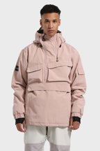 Men's Pink Asymmetrical Kangaroo Pocket Snow Anoraks Waterproof Insulated Ski Anoraks - Gsou Snow