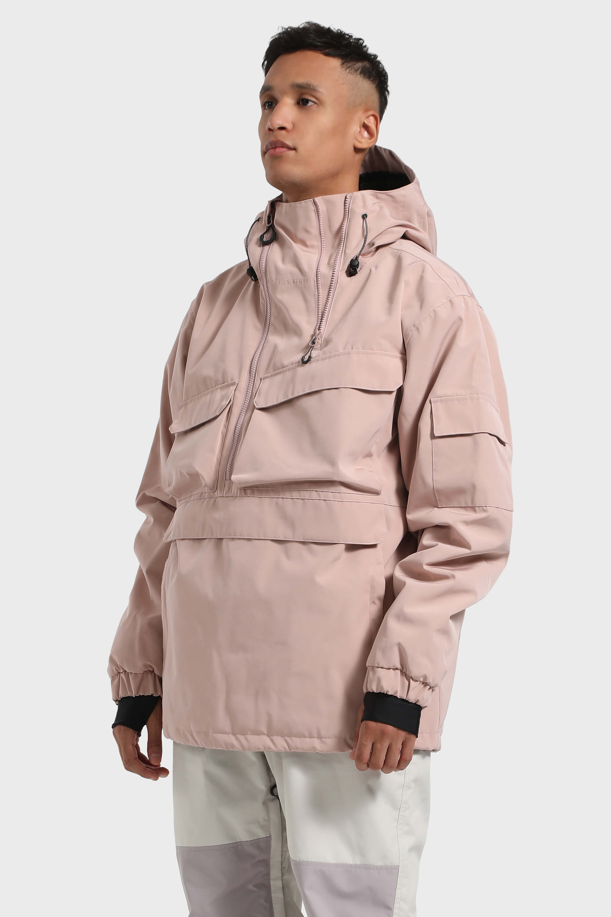 Men's Black Camo Asymmetric Kangaroo Pocket Ski Anorak Waterproof Insulated Snow Anoraks