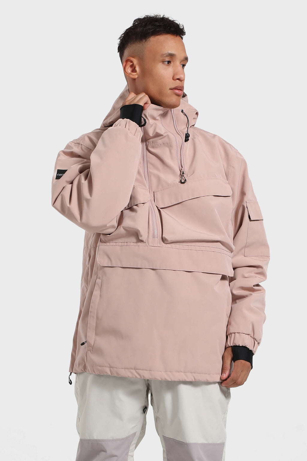 Men's White Asymmetric Kangaroo Pocket Ski Anorak Waterproof Insulated Snow Anoraks