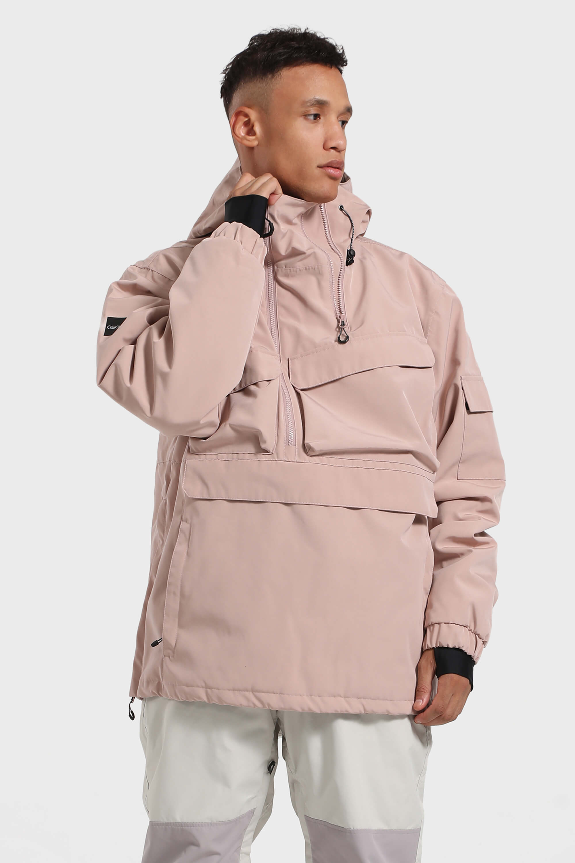 Men's White Asymmetric Kangaroo Pocket Ski Anorak Waterproof Insulated Snow Anoraks
