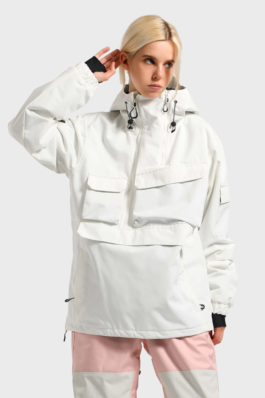 Women's Black Asymmetric Kangaroo Pocket Ski Anorak Waterproof Insulated Snow Anoraks