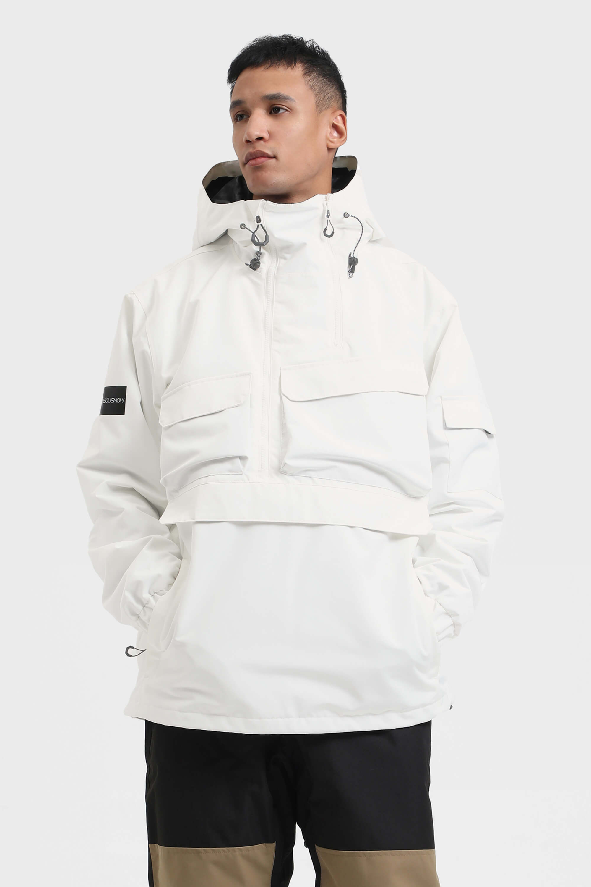 Men's Black Camo Asymmetric Kangaroo Pocket Ski Anorak Waterproof Insulated Snow Anoraks