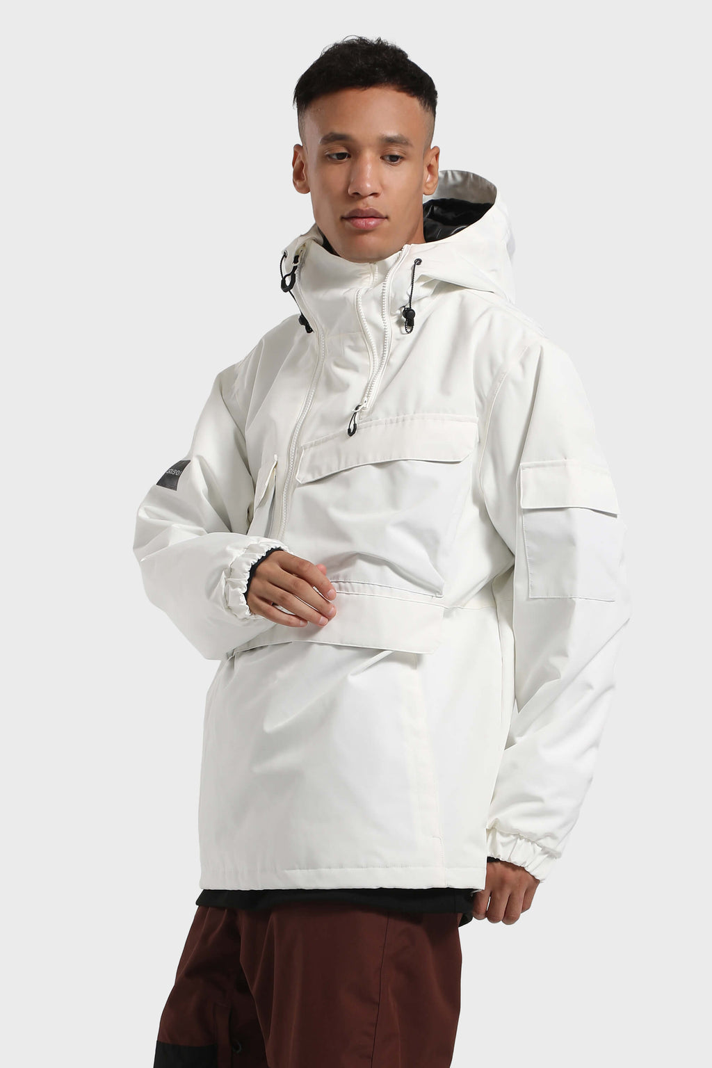 Men's White Asymmetric Kangaroo Pocket Ski Anorak Waterproof Insulated Snow Anoraks