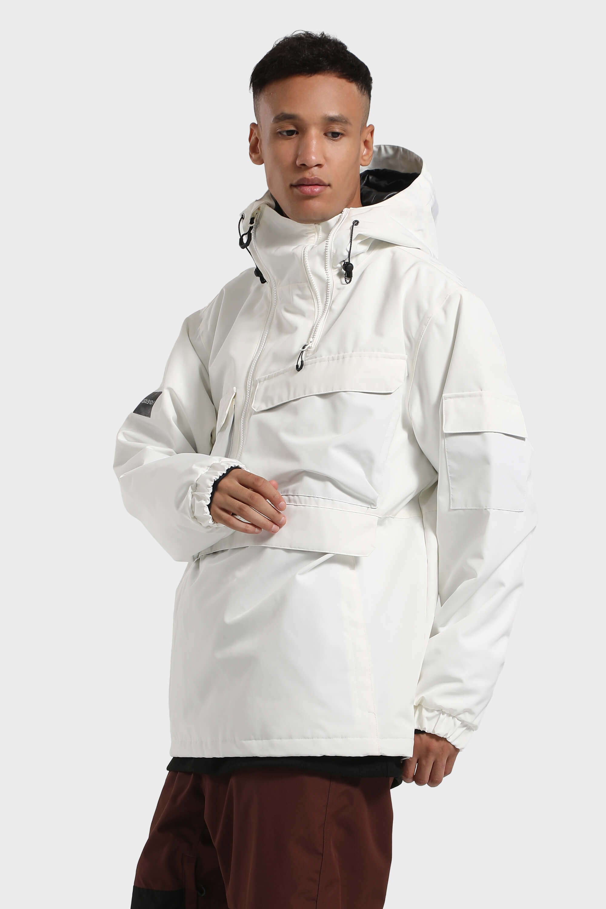Men's White Asymmetric Kangaroo Pocket Ski Anorak Waterproof Insulated Snow Anoraks