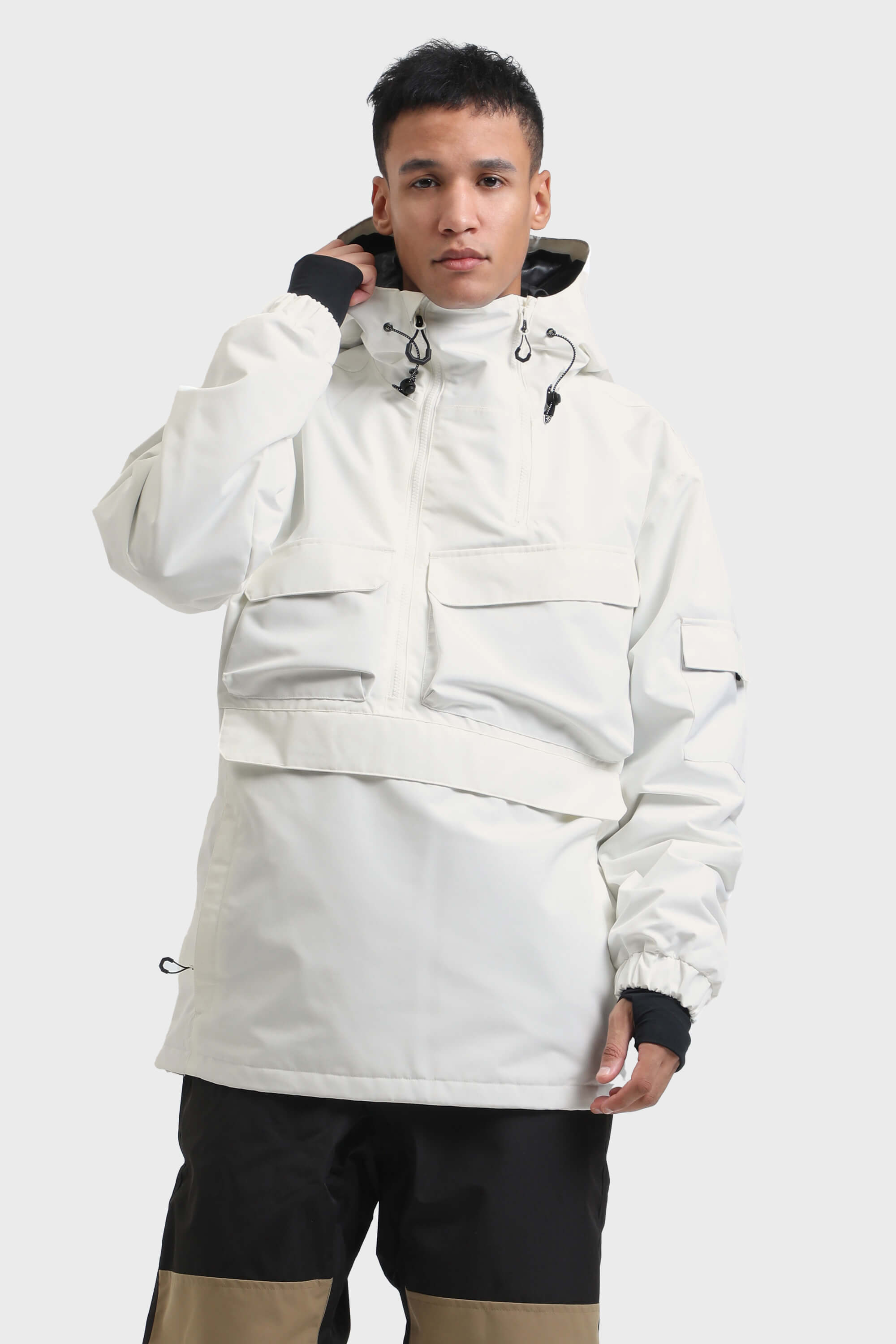 Men's Brown Asymmetric Kangaroo Pocket Ski Anorak Waterproof Insulated Snow Anoraks