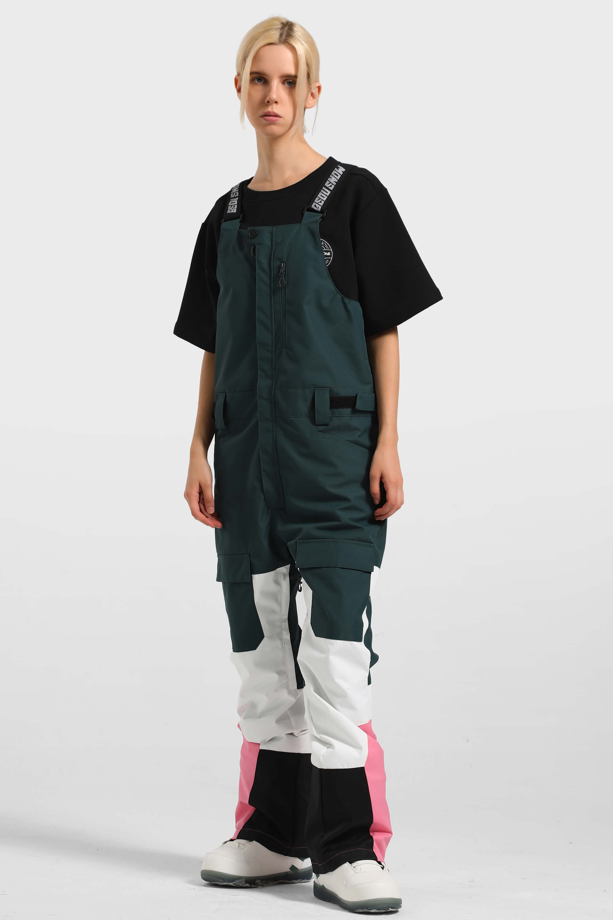 Women's White & Pink Multi-Pocket Snow Bibs Ski Bibs - Gsou Snow