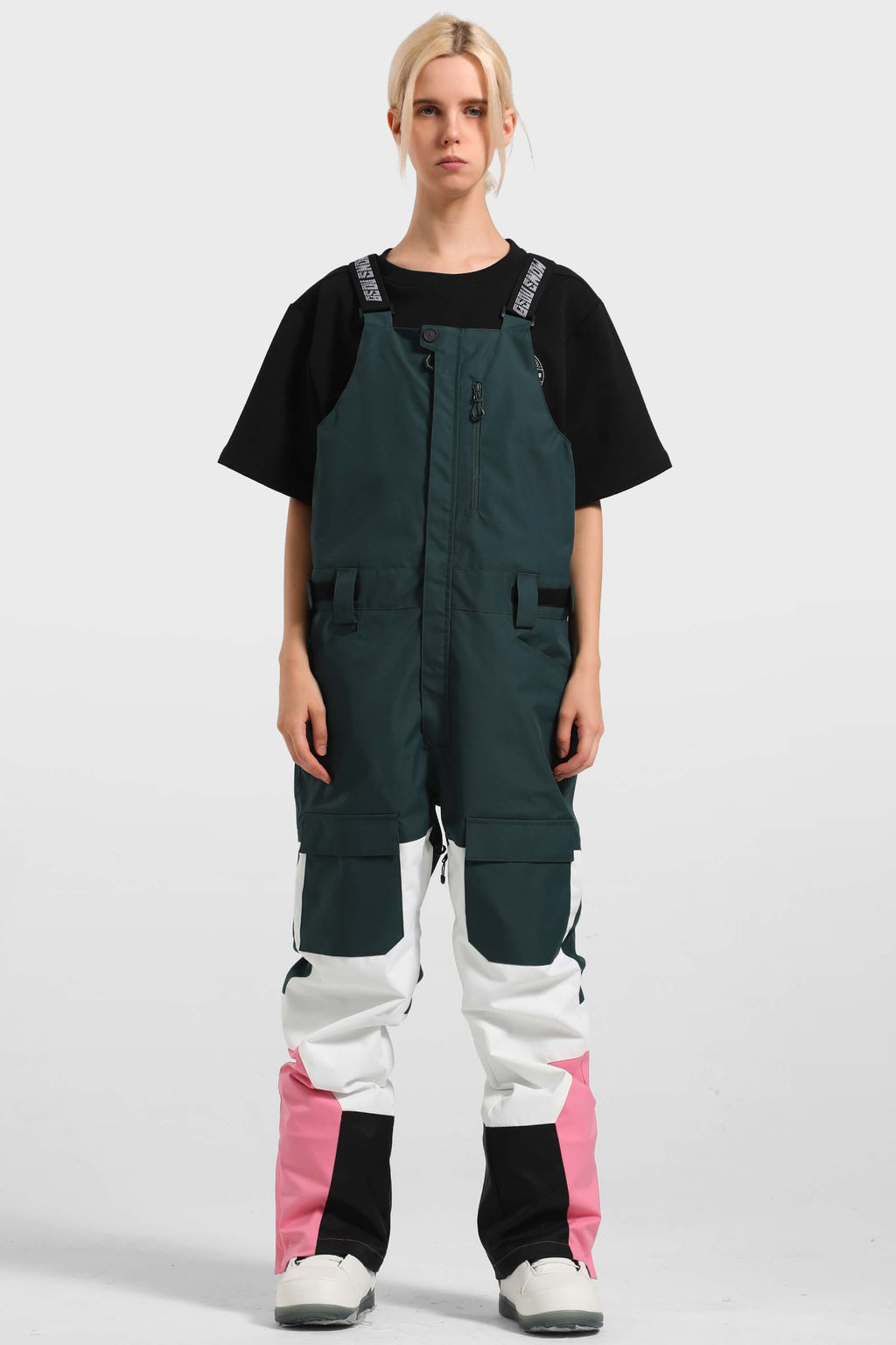 Women's White & Pink Multi-Pocket Snow Bibs Ski Bibs - Gsou Snow