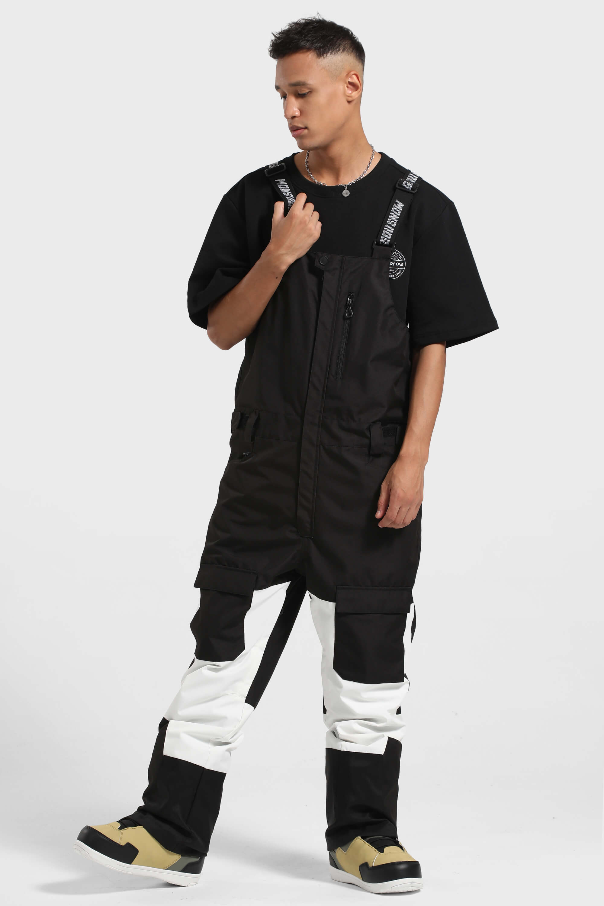 Men's Black & White Versatile Multi-Pocket Ski Bibs Snow Bibs