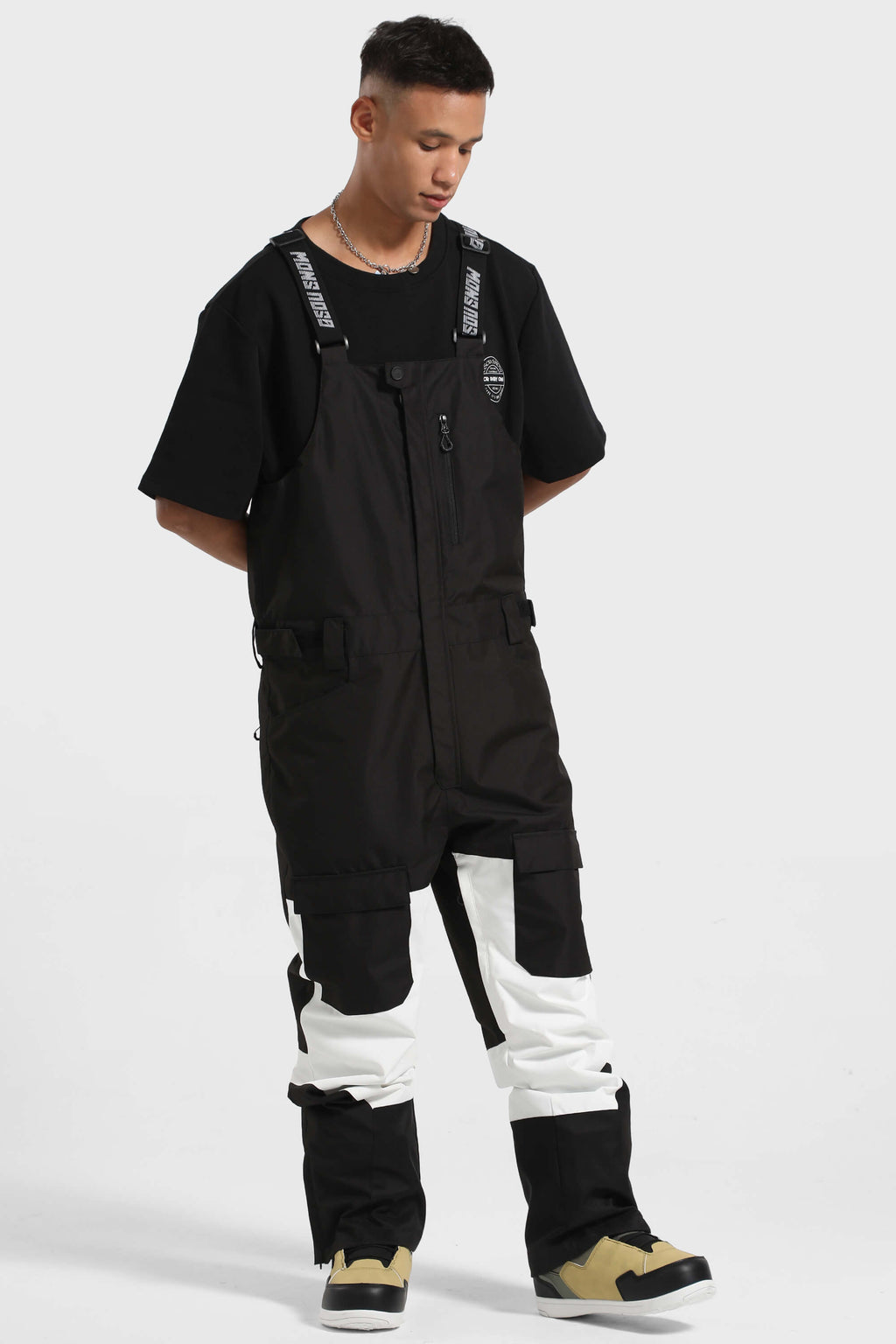 Men's Black Wavy Stripe Versatile Multi-Pocket Ski Bibs Snow Bibs