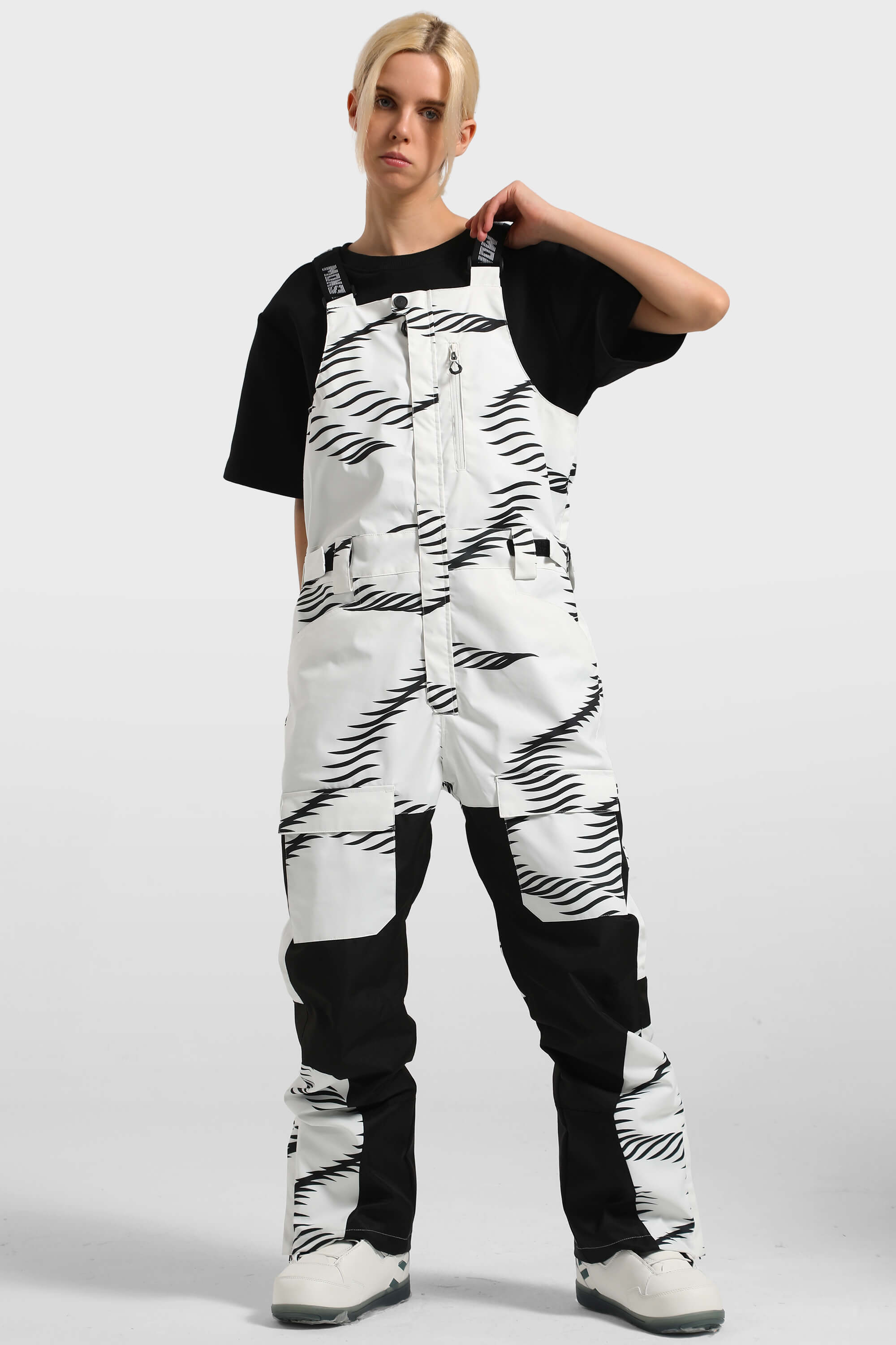 Women's Black & White Versatile Multi-Pocket Ski Bibs Snow Bibs