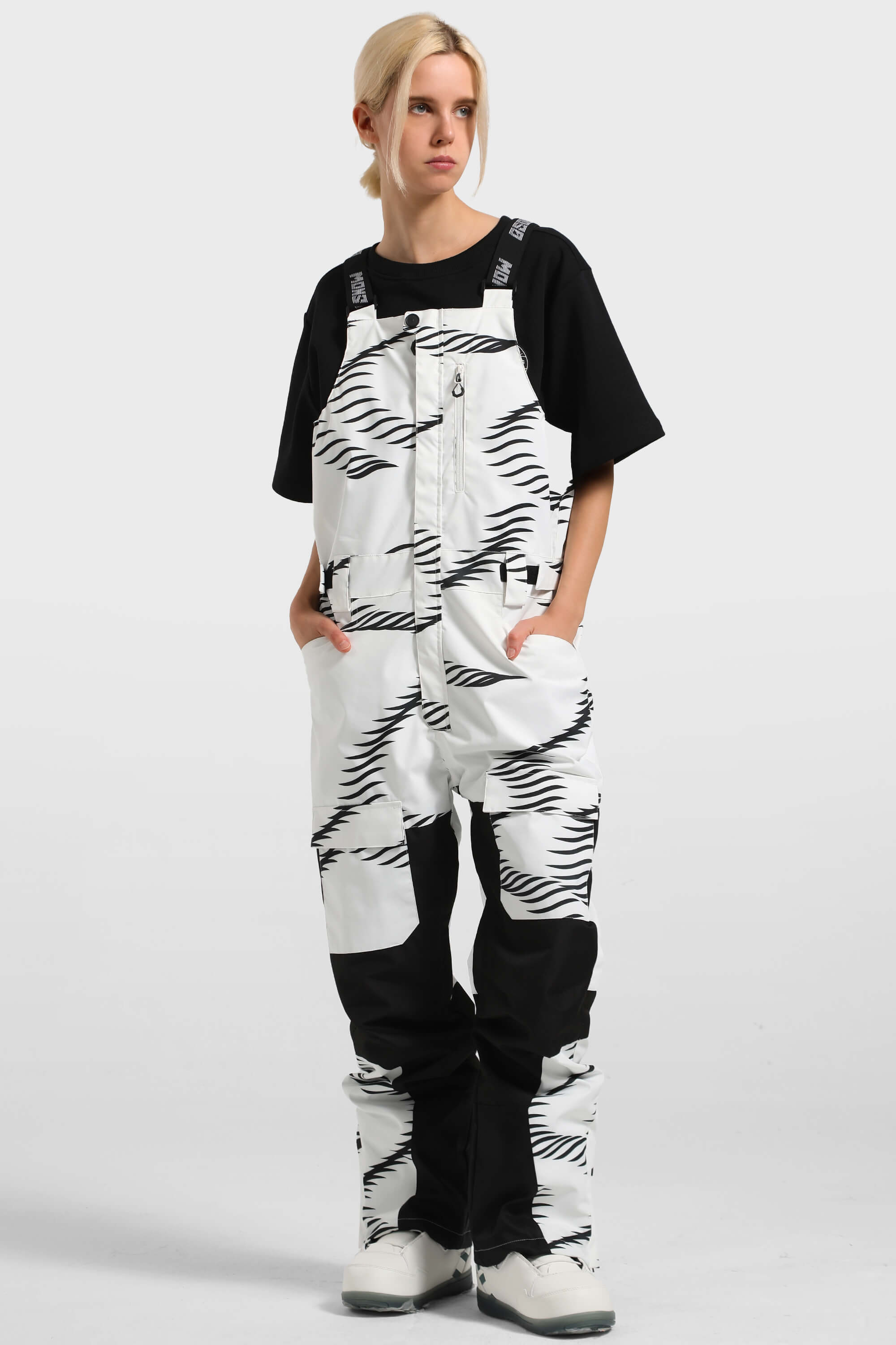 Women's Black & White Versatile Multi-Pocket Ski Bibs Snow Bibs