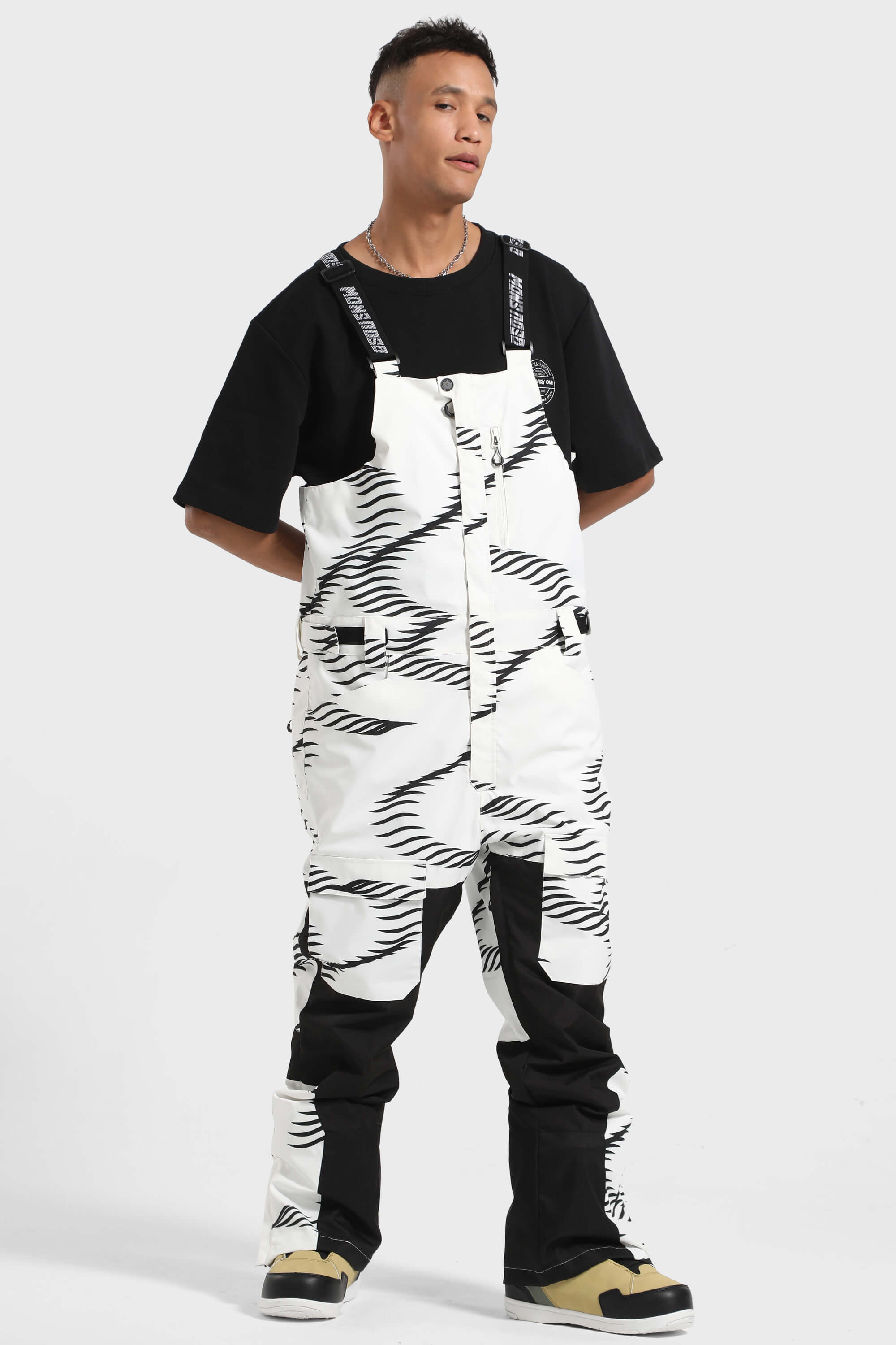 Men's Black & White Multi-Pocket Snow Bibs Ski Bibs - Gsou Snow