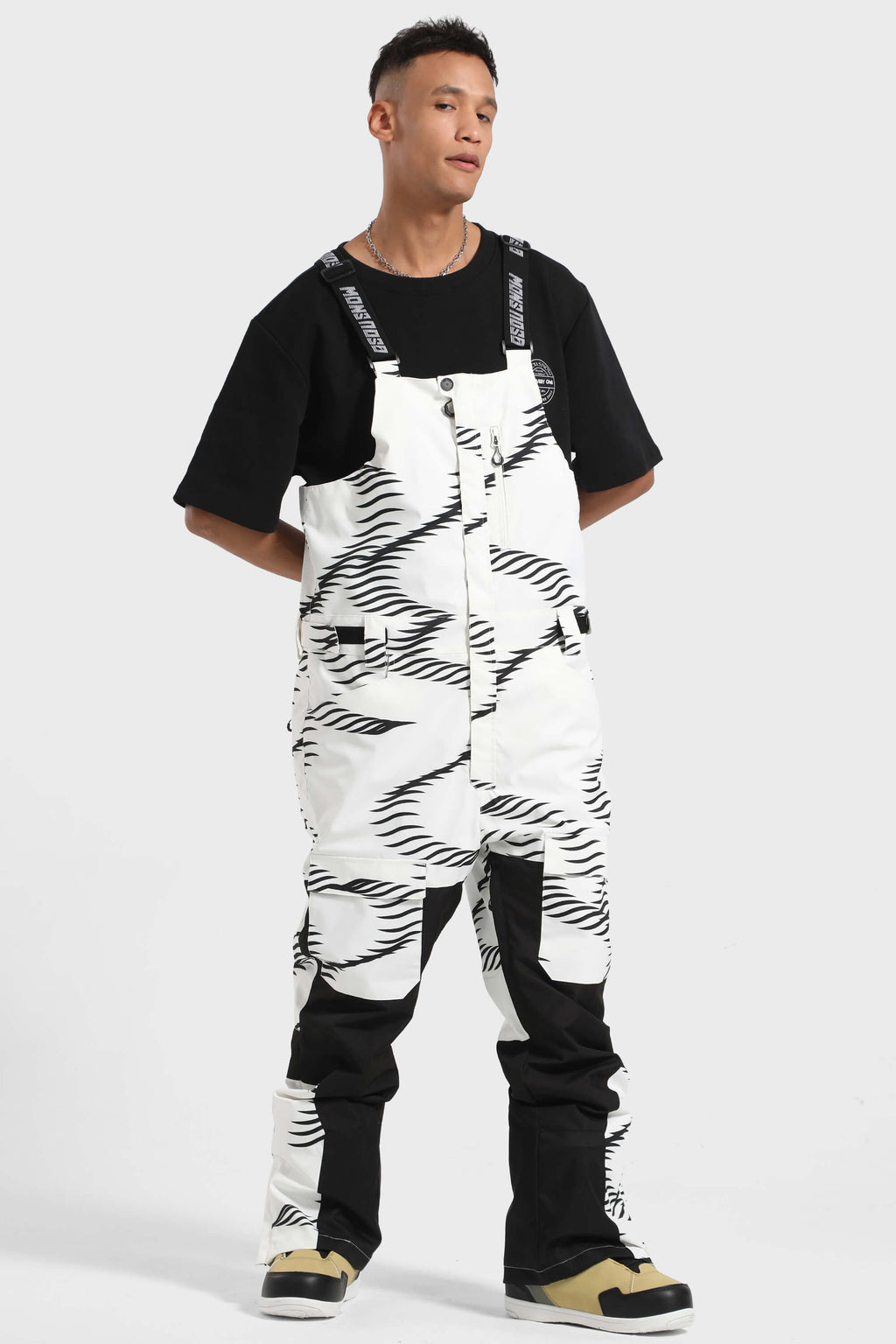 Men's Black & White Versatile Multi-Pocket Ski Bibs Snow Bibs