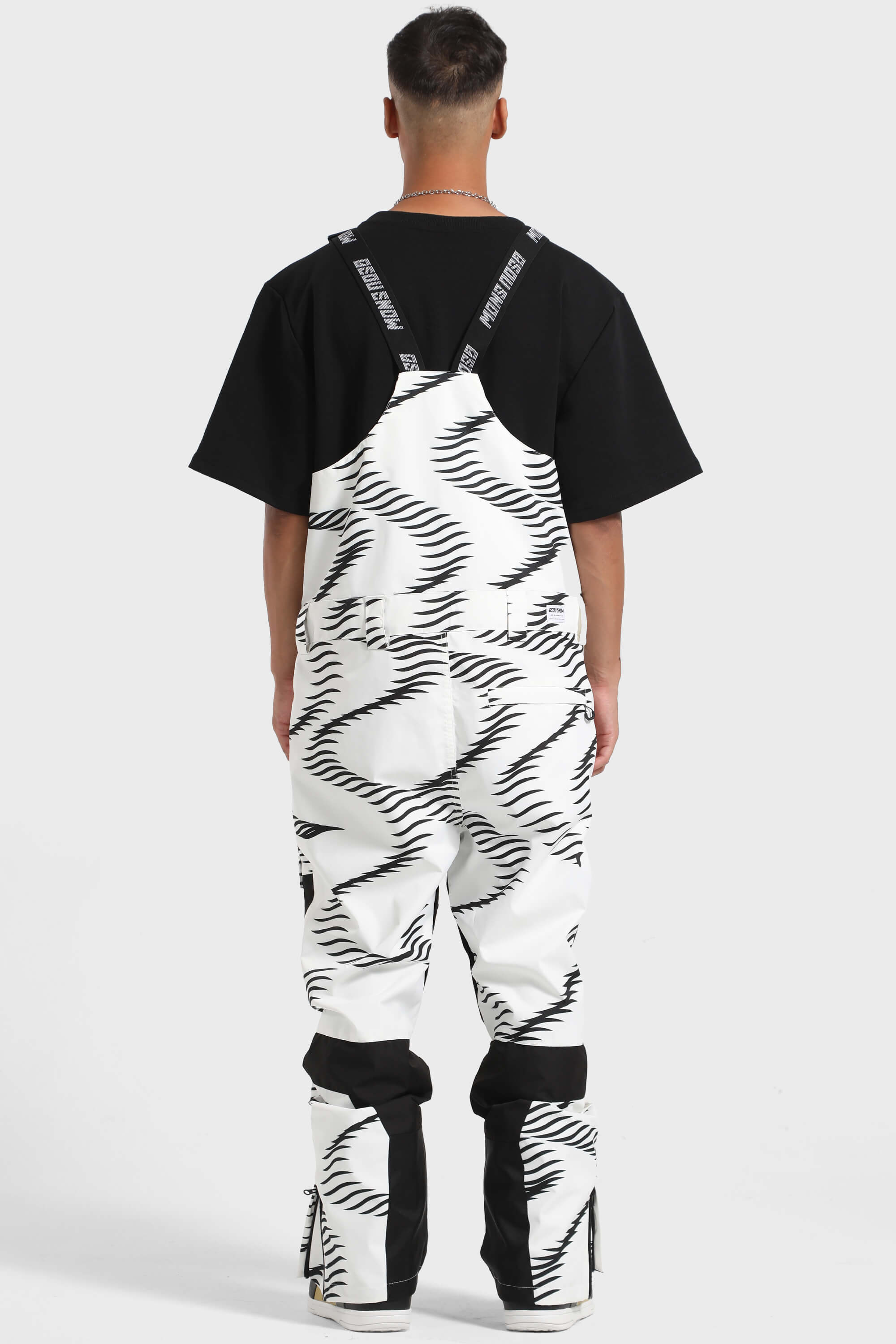 Men's Black Wavy Stripe Versatile Multi-Pocket Ski Bibs Snow Bibs