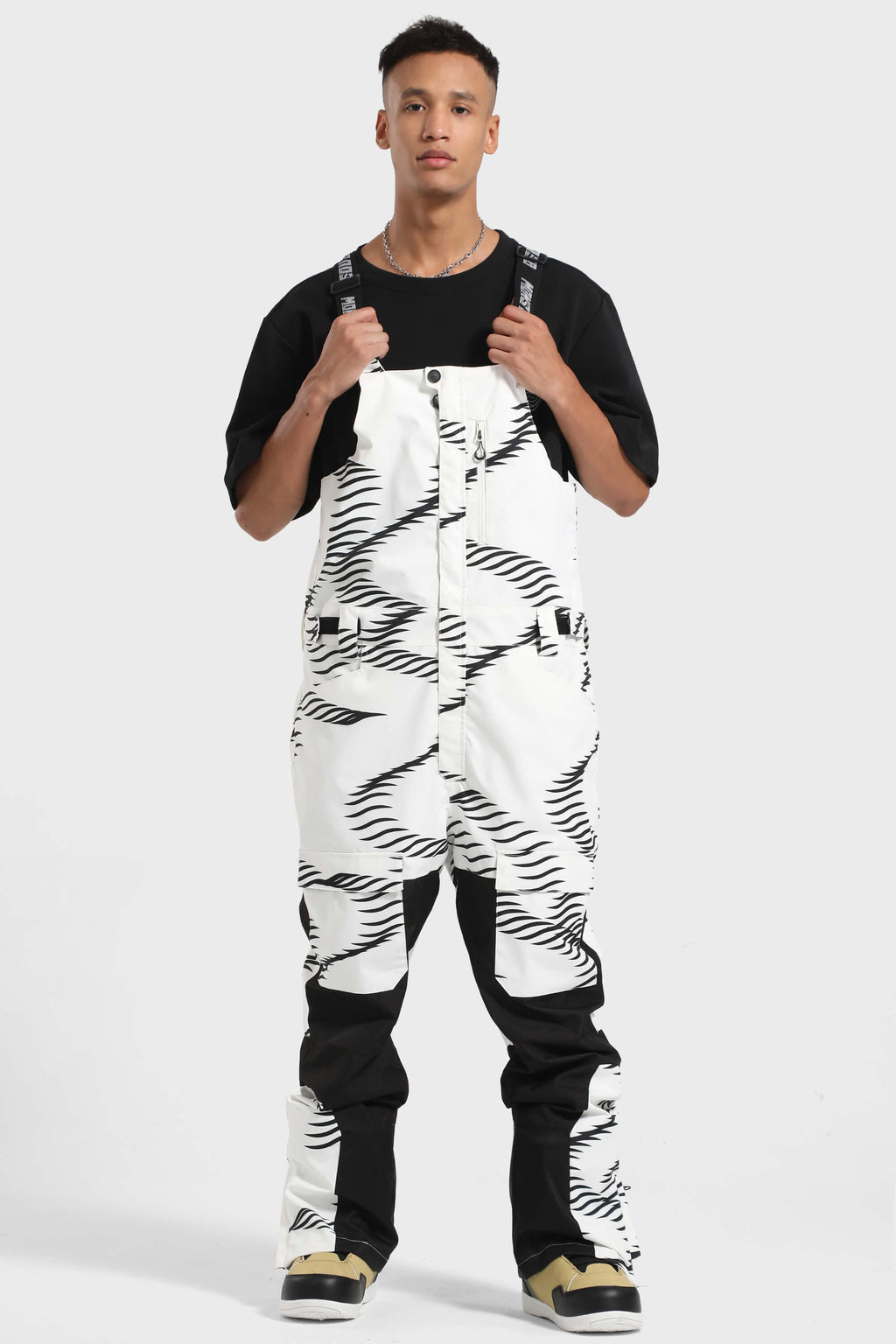 Men's Black Wavy Stripe Versatile Multi-Pocket Ski Bibs Snow Bibs