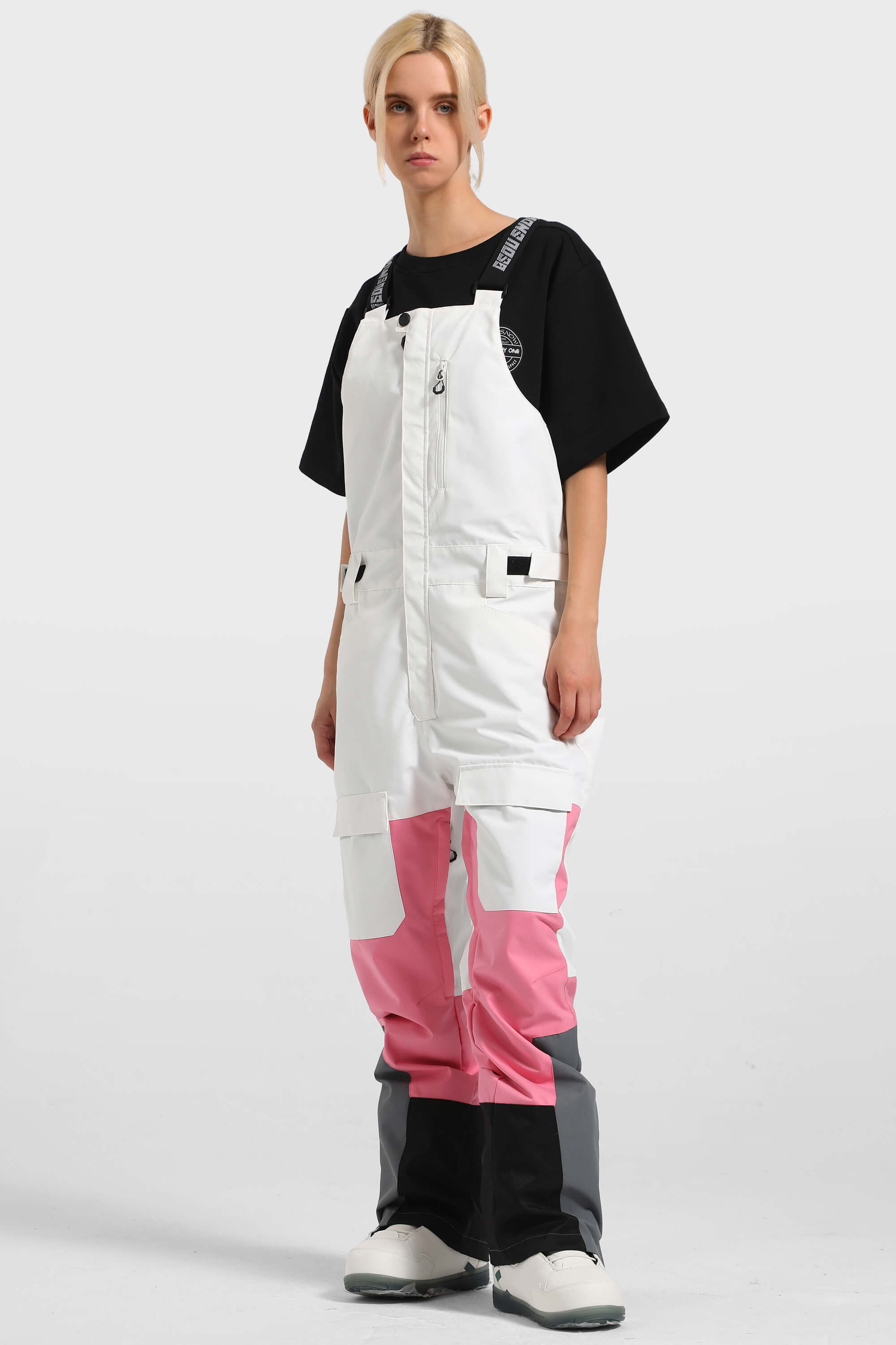 Women's White & Pink Multi-Pocket Snow Bibs Ski Bibs - Gsou Snow