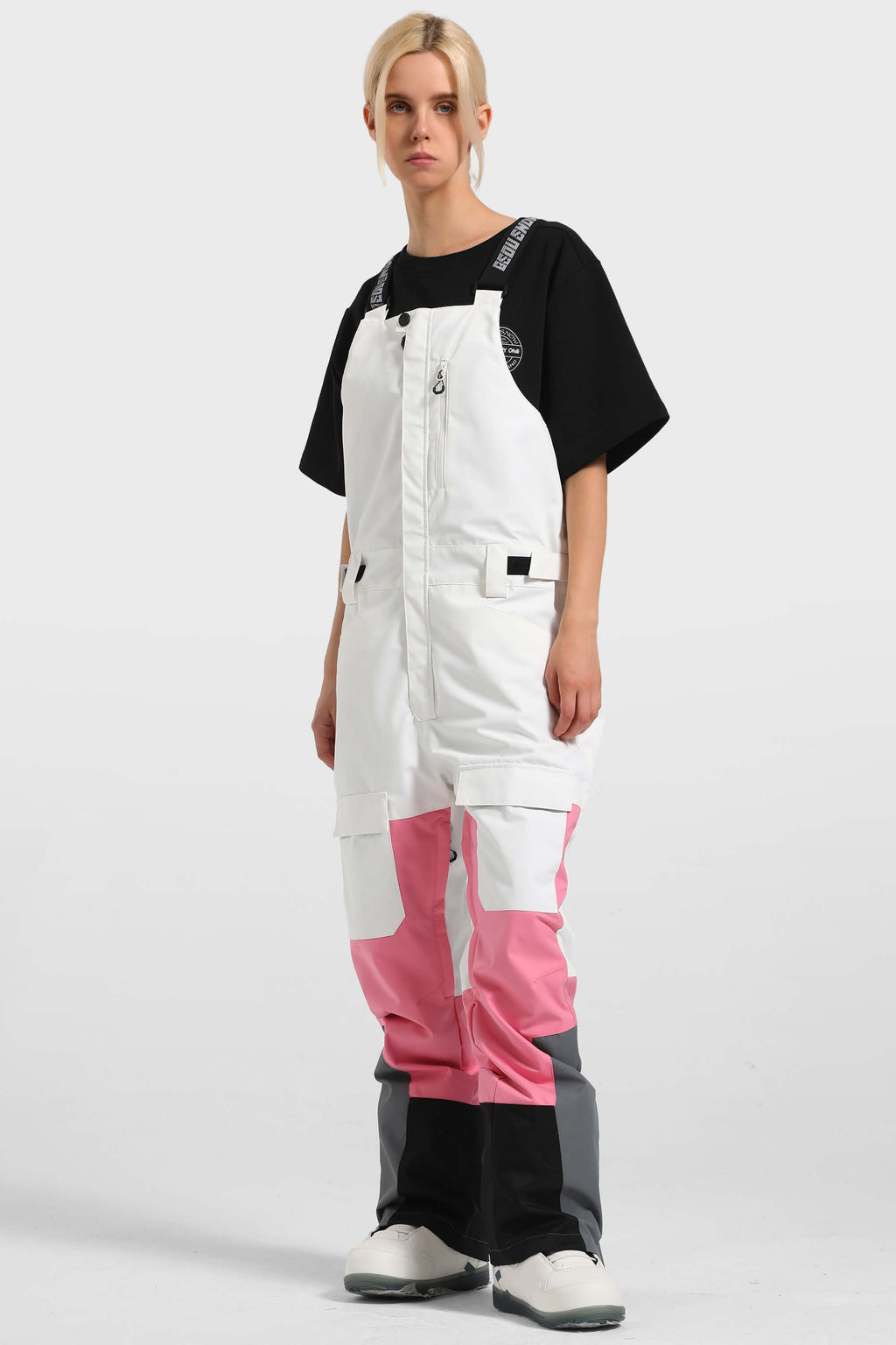 Women's Black & White Versatile Multi-Pocket Ski Bibs Snow Bibs