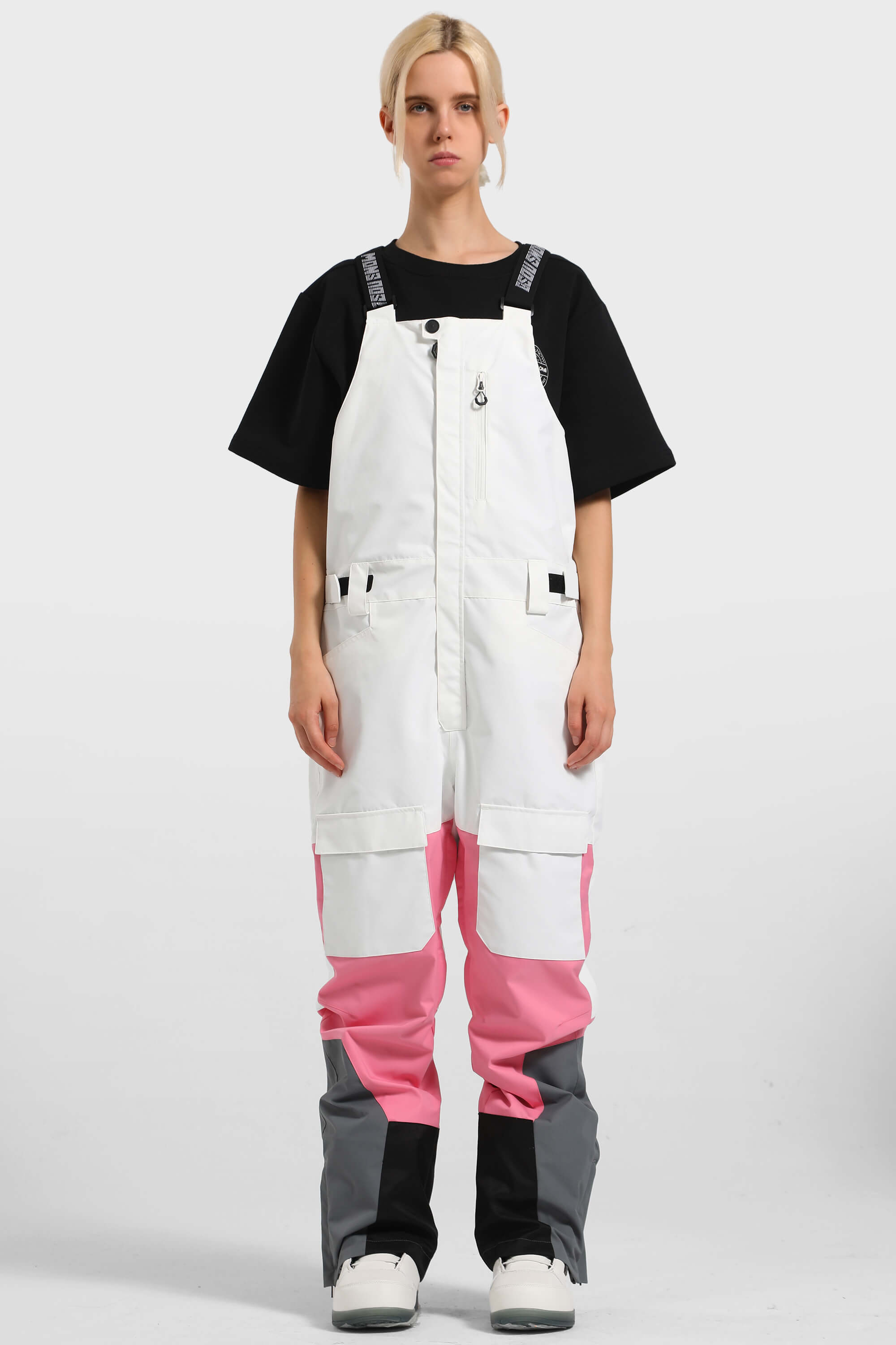 Women's Black & White Versatile Multi-Pocket Ski Bibs Snow Bibs
