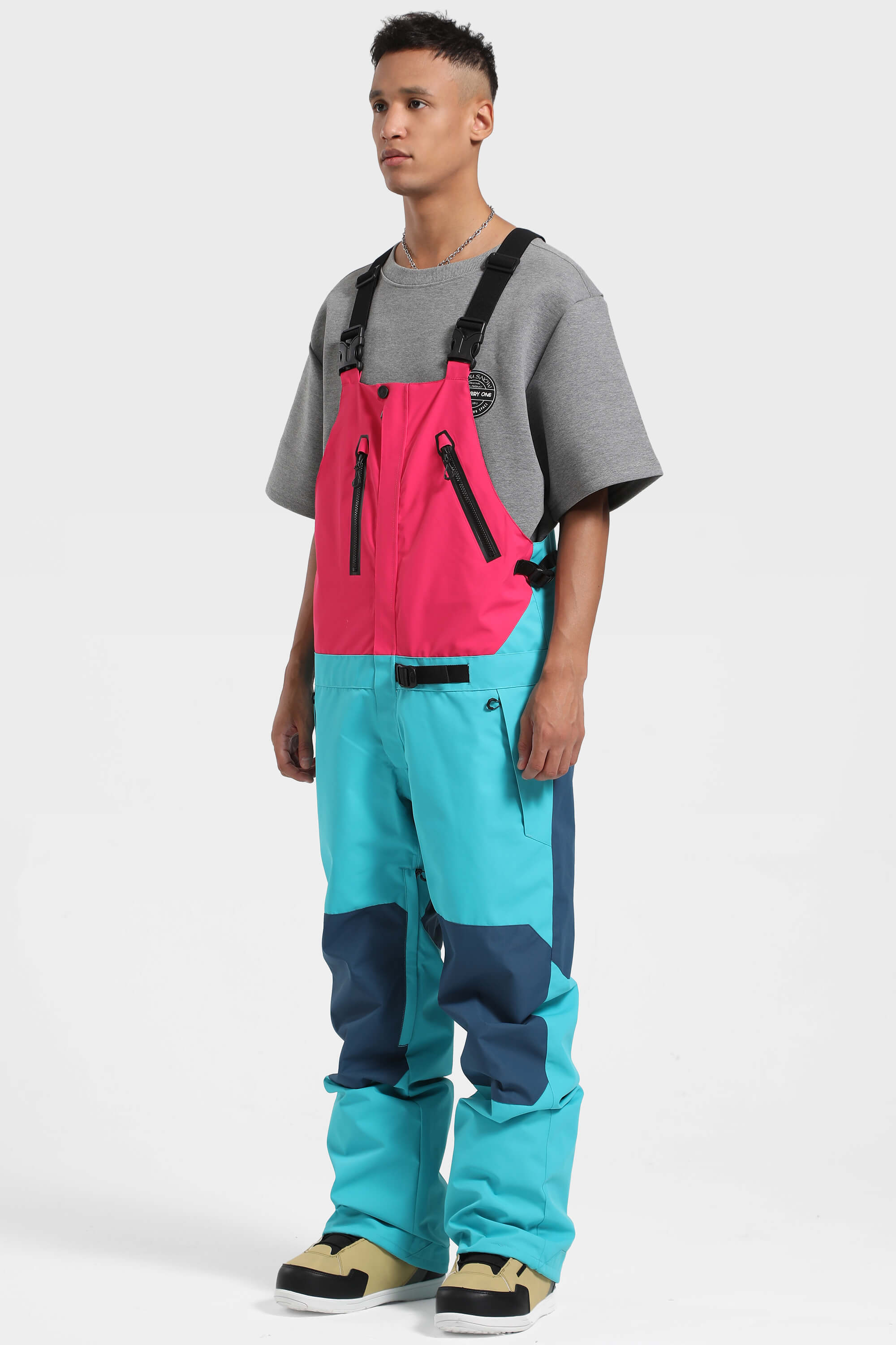 Men's Fuchsia & Capri Lightweight Waterproof Snow Bibs Ski Bibs - Gsou Snow