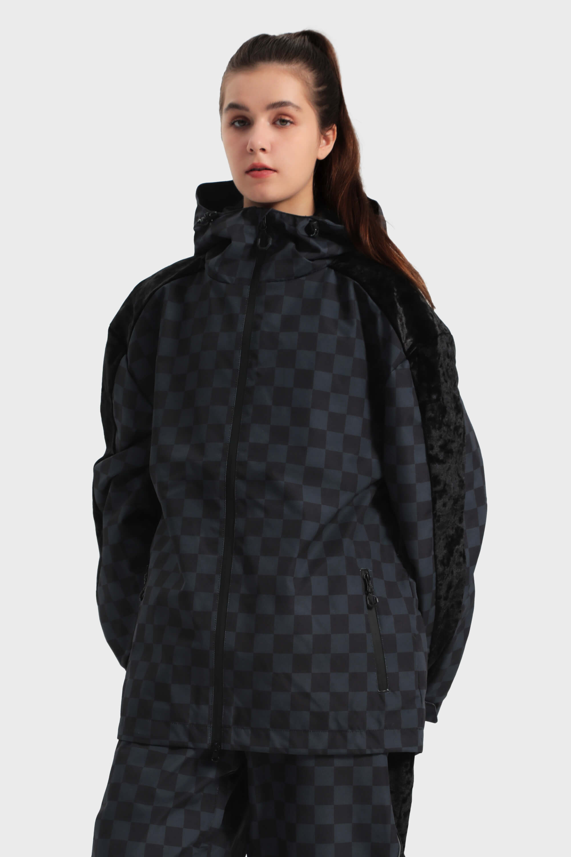 Women's Purple Fleece-Lined Plaid Ski Jacket Waterproof Velvet Snow Jacket