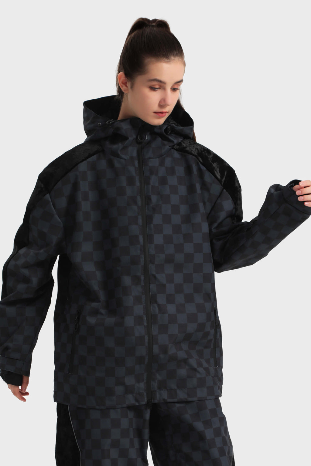 Women's Purple Fleece-Lined Velvet Trim Plaid Snow Jacket Waterproof Ski Jacket - Gsou Snow