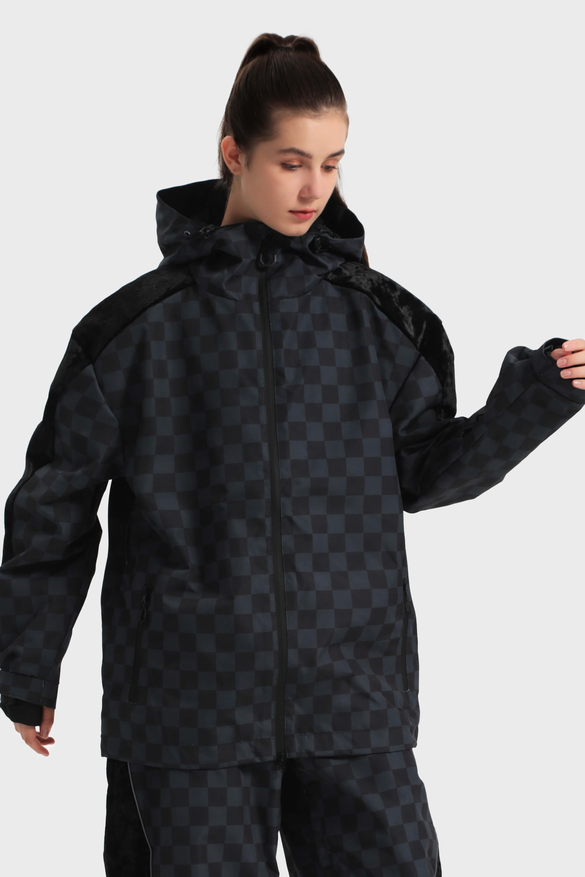 Women's Black Fleece-Lined Plaid Ski Jacket Waterproof Velvet Snow Jacket