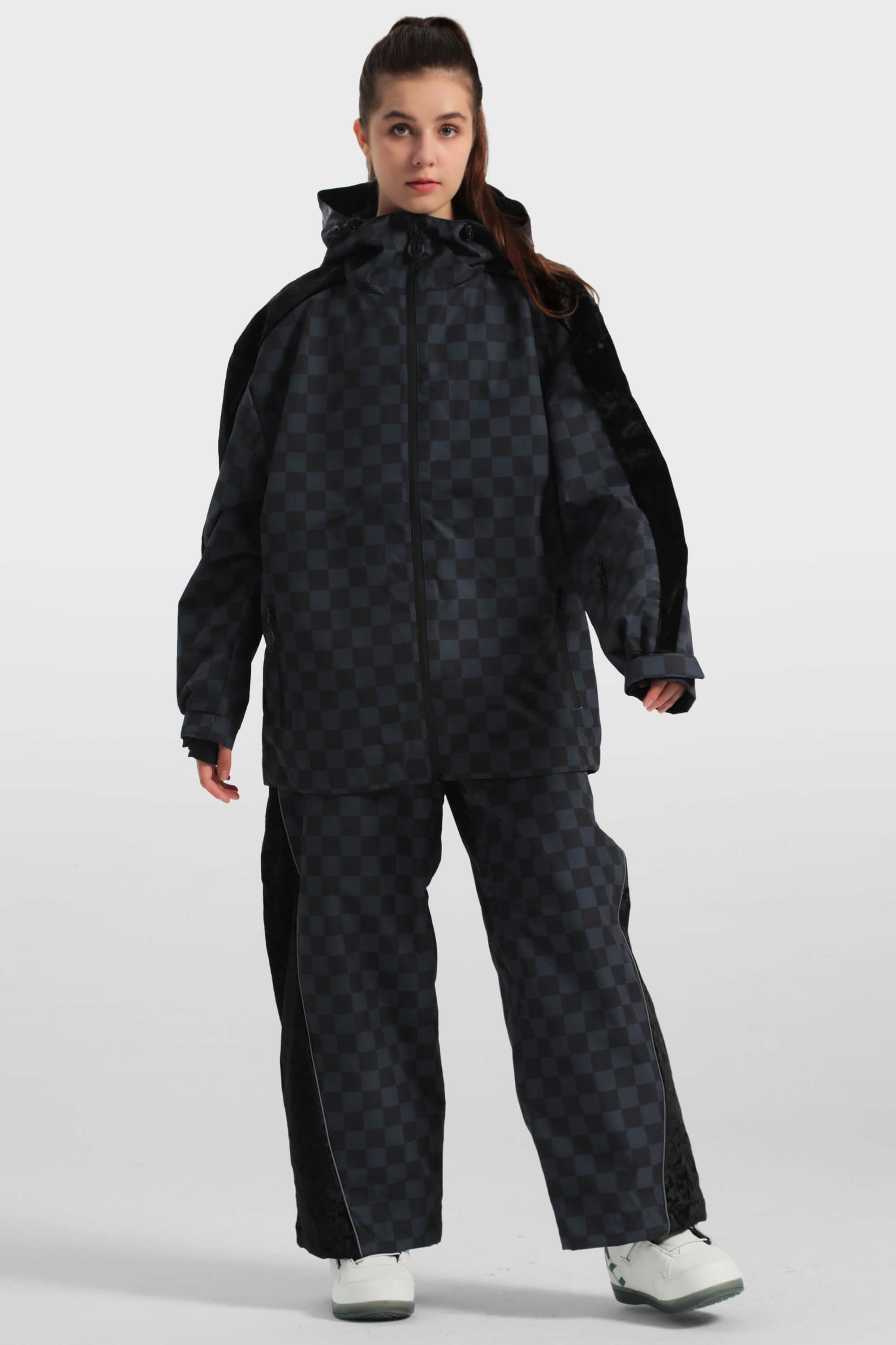 Women's Purple Fleece-Lined Plaid Ski Jacket Waterproof Velvet Snow Jacket