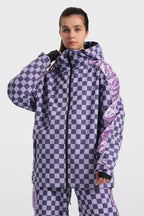Women's Black Fleece-Lined Plaid Ski Jacket Waterproof Velvet Snow Jacket