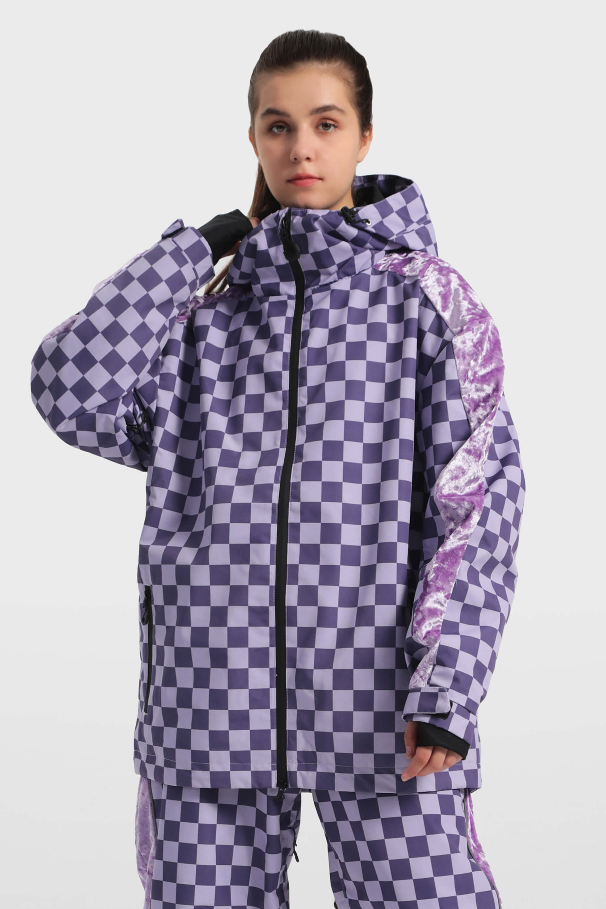 Women's Black Fleece-Lined Plaid Ski Jacket Waterproof Velvet Snow Jacket