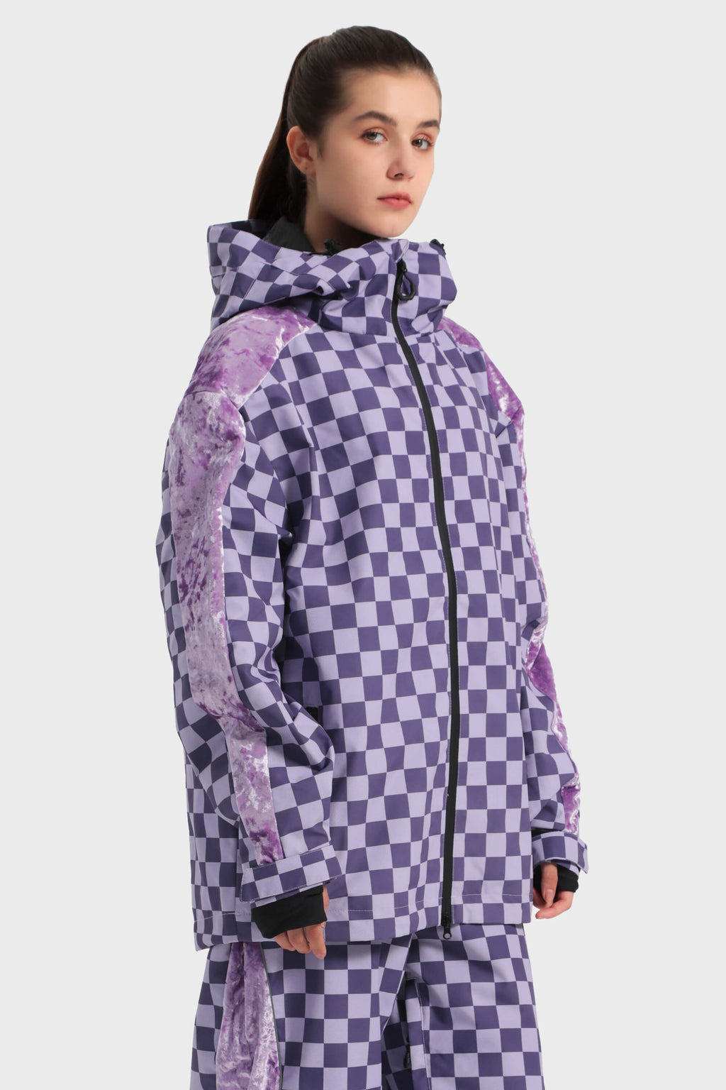 Women's Black Fleece-Lined Plaid Ski Jacket Waterproof Velvet Snow Jacket